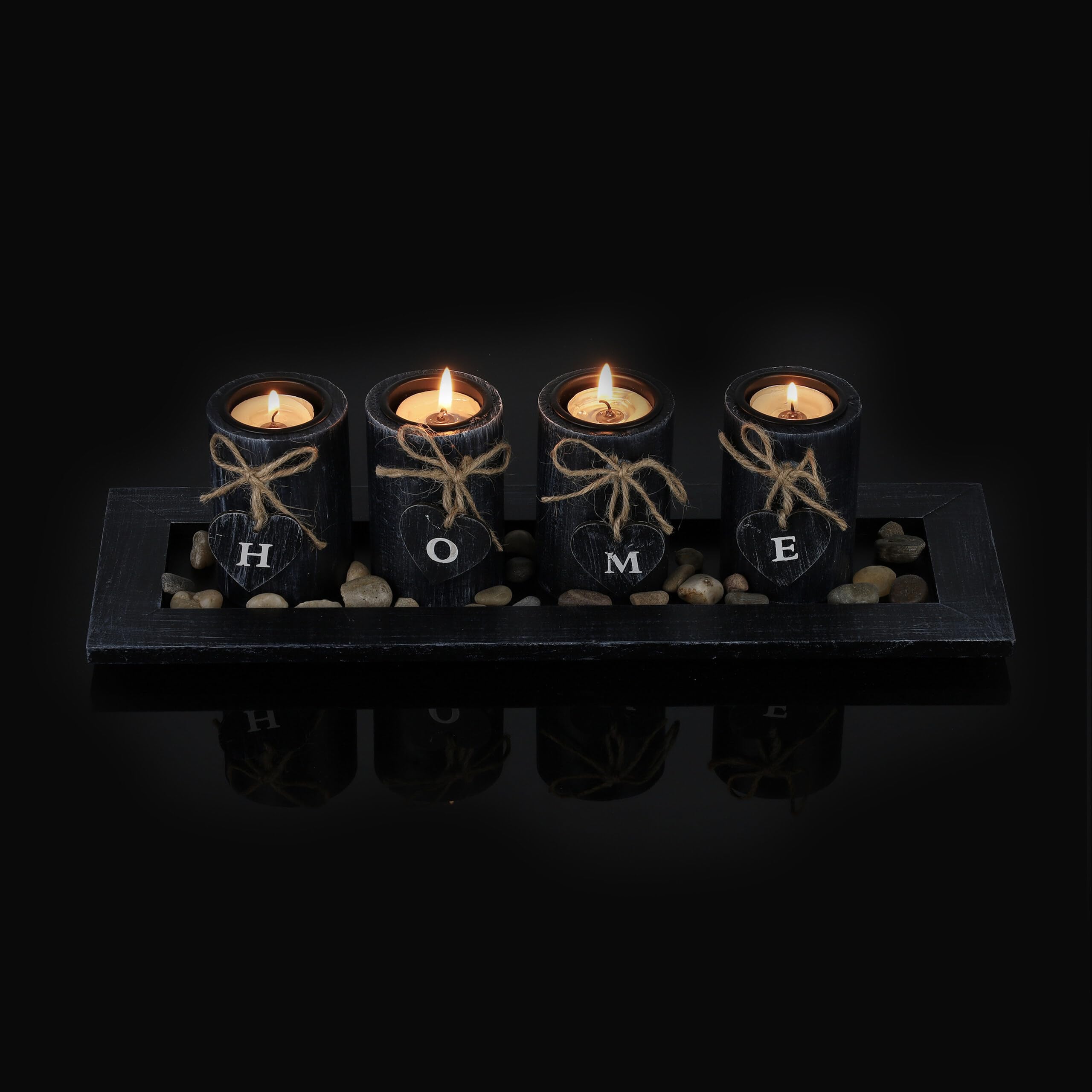 Relaxdays Portacandele, con Vassoio e Vasetti, Centrotavola, L: 39,5 cm, 4 Candeline, Pietre Deco, Scritta Home, Nero