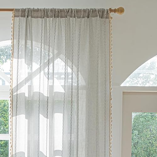 Miniatura 11 de Deeprove Cenefa Bohemia Blanca con Borlas para Decoración de Cocina y Cafetería, Cortinas Cortas de Algodón y Lino Crema Estilo Bohemio Rústico,