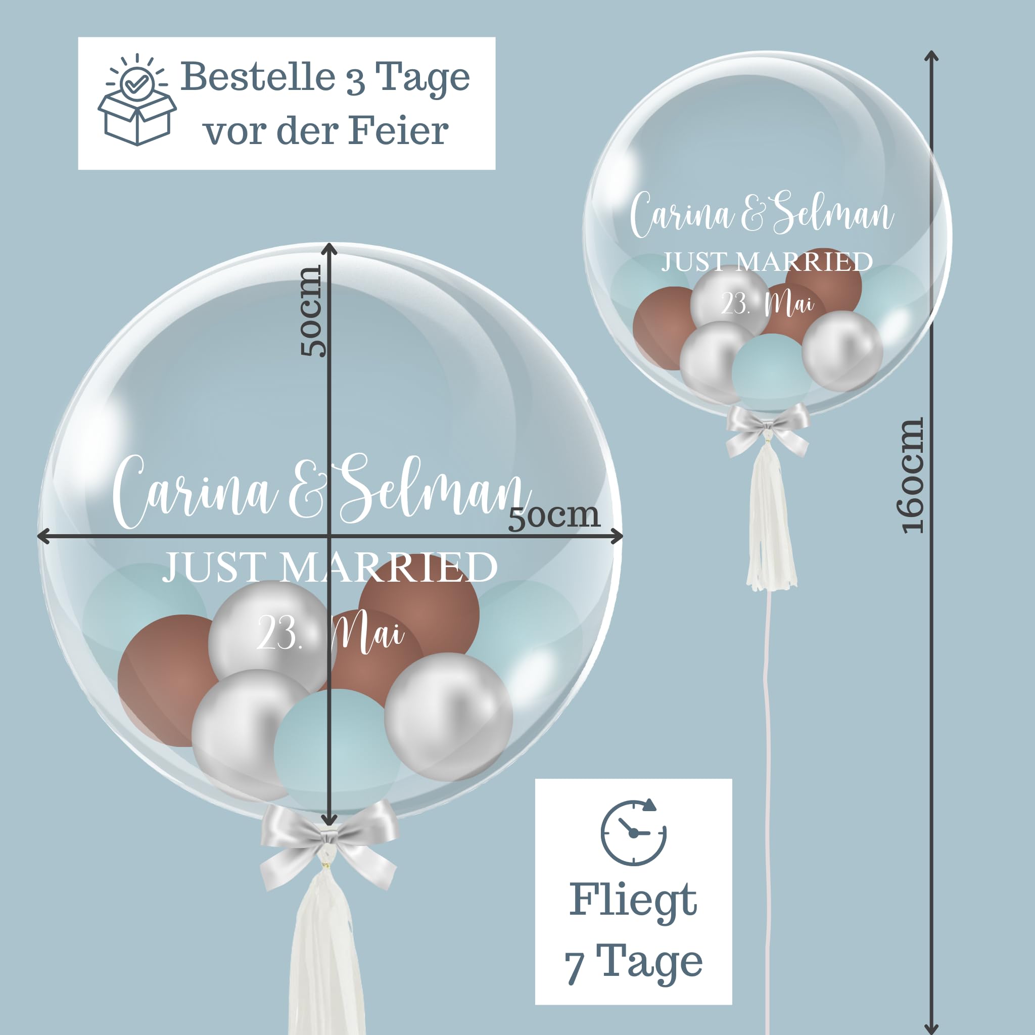 Just Married - Bubble Fabrik - Personalisiertes Ballongeschenk: Durchsichtiger Heliumballon mit Bunten Ballons, Geschenk zur Hochzeit, Hochzeitsmitbringsel