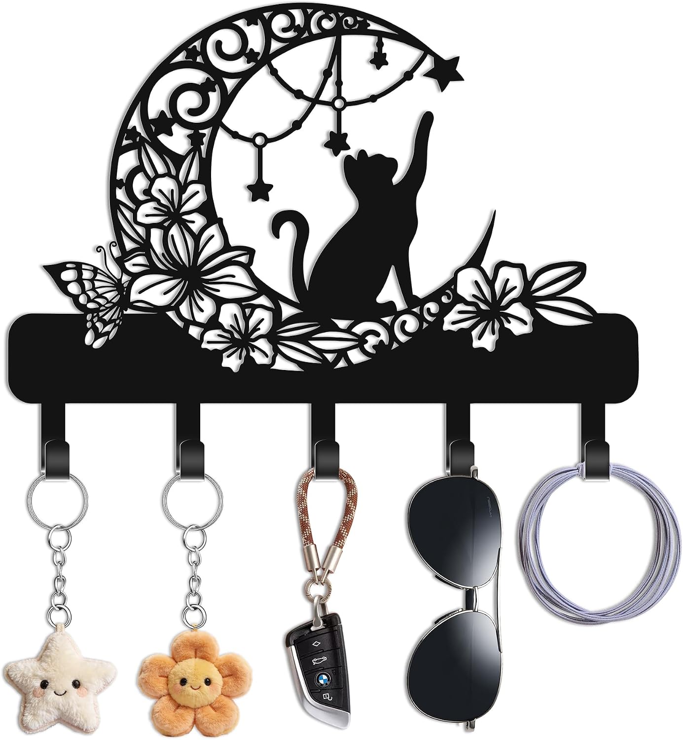 Cat Key Holder Wall Mount, Floral Moon and Star Metal Key Hanger with Butterfly, Cute Wall Decor with Storage, 13.4x9.5 Inch Entryway Organizer