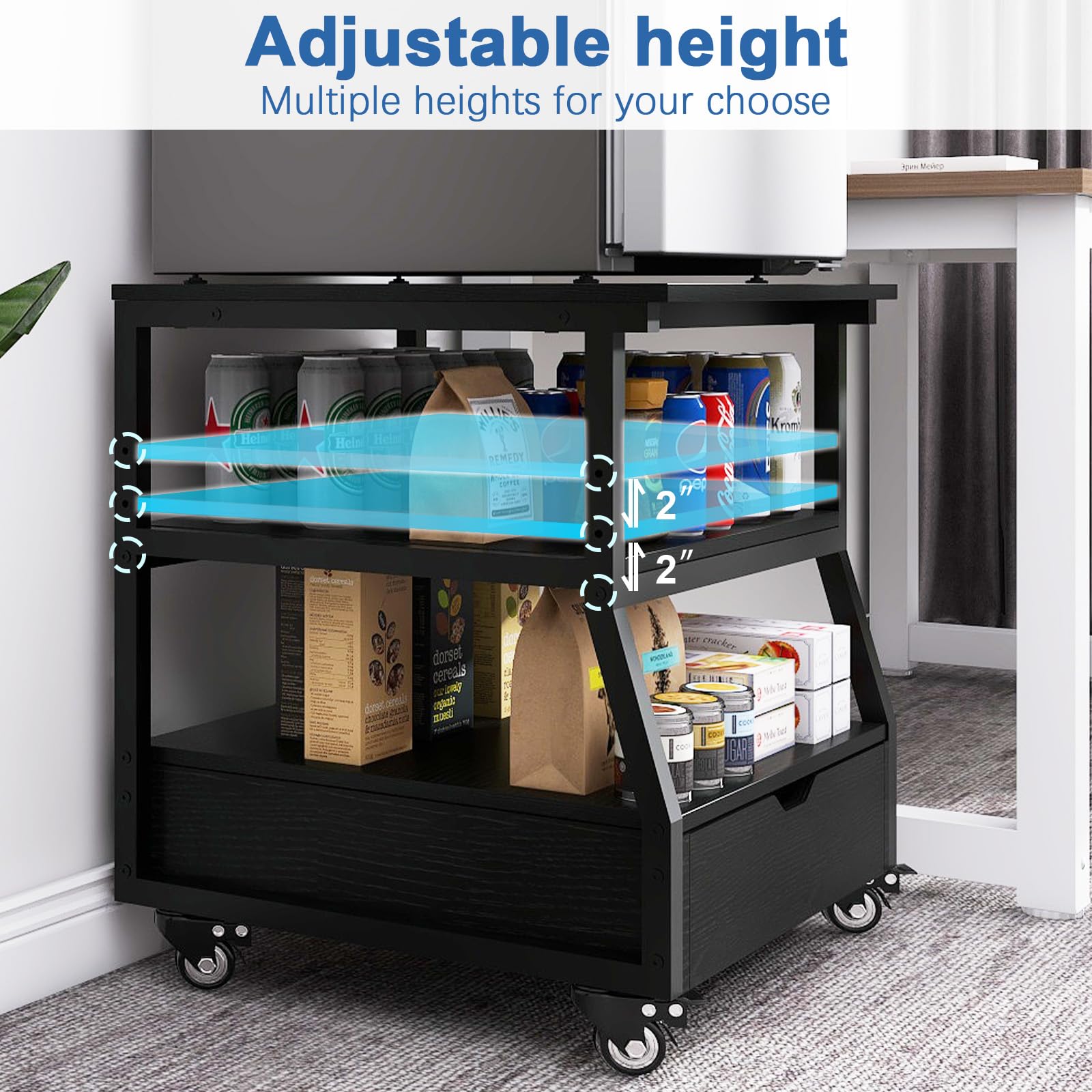 Mini soporte para refrigerador de 23.6 x 21.7 pulgadas con almacenamiento de gran capacidad, carrito de refrigerador resistente con cajones, mesa móvil para refrigerador de bebidas con ruedas, 4