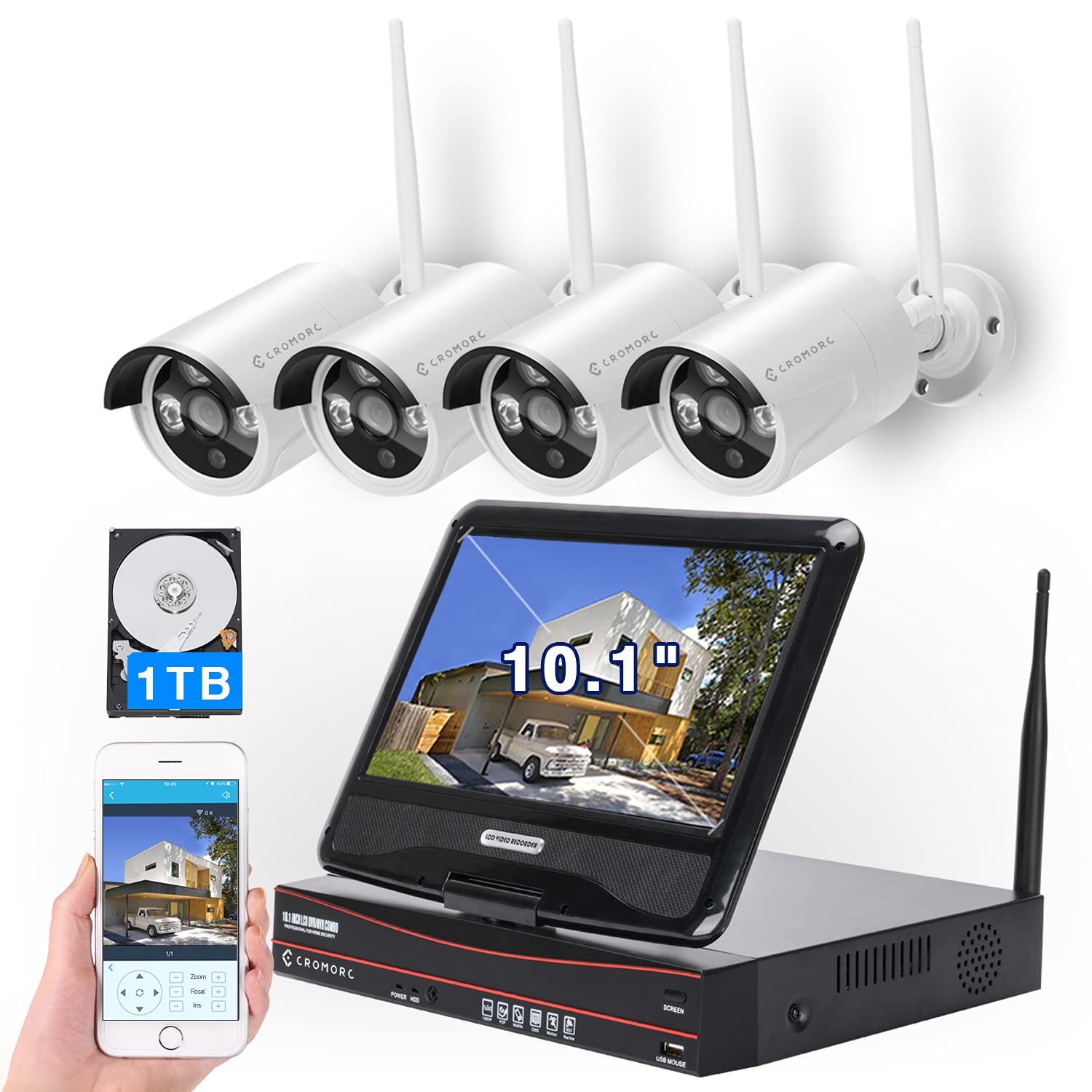 [8CH,Expandable] All in one with 10.1" Monitor Wireless Security Camera System, Cromorc Home Business CCTV Surveillance 10...