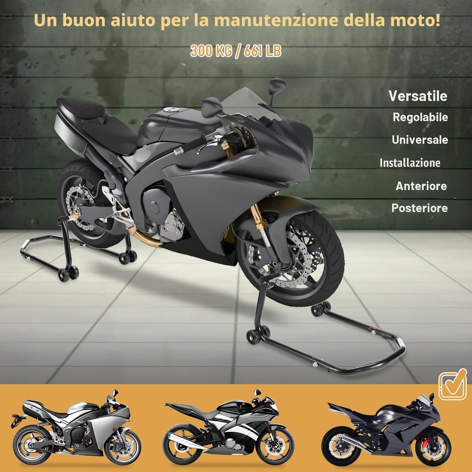Set di supporti per moto anteriore e posteriore, supporto per moto con 4 ruote, piattaforma elevatrice per moto, stabilità, capacità di carico fino a 300 kg (Nero)