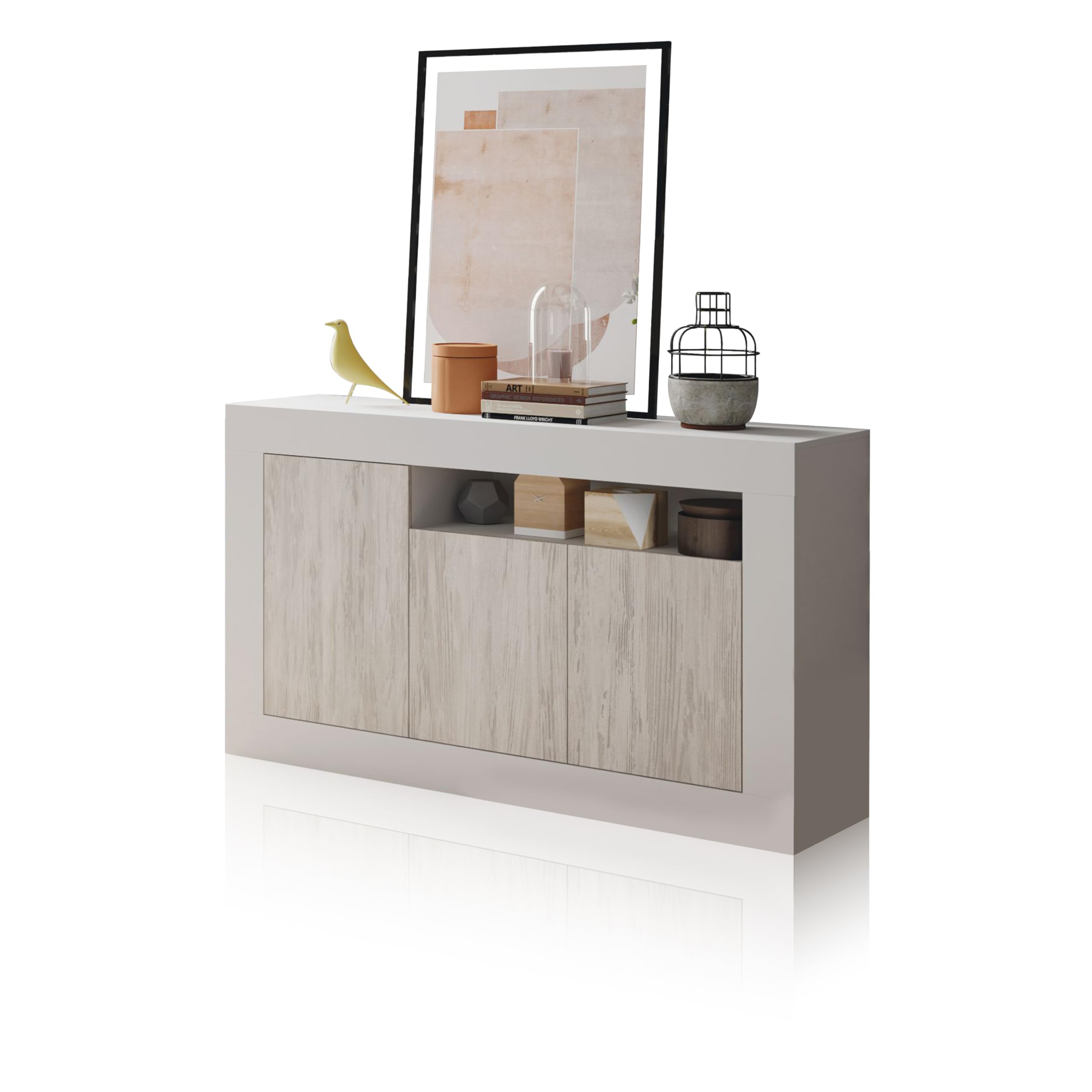 duehome | Aparador 3 Puertas, Buffet para Salon, Armario Auxiliar, Modelo Gian, Acabado en Color Blanco Artik y Blanco Velho, Medidas: 144 cm (Ancho) x 87 cm (Alto) x 42 cm (Fondo)