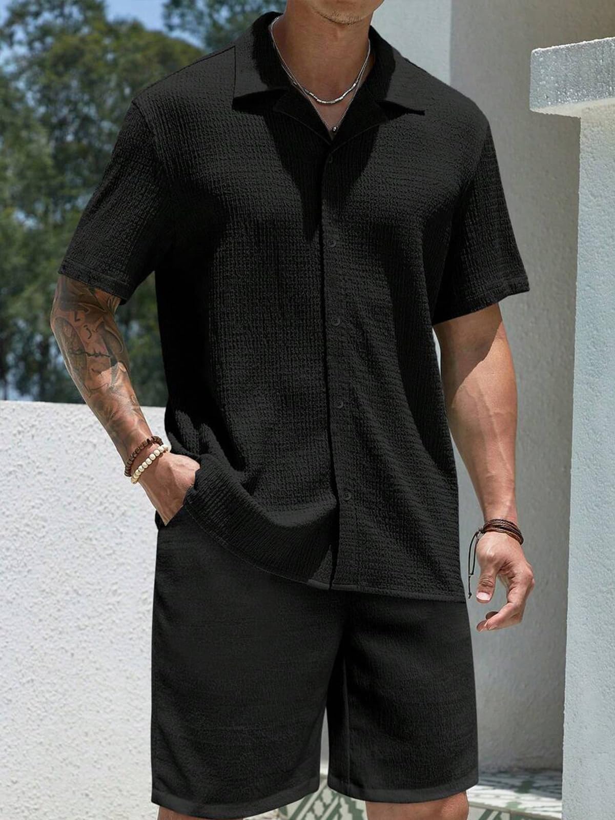Herren 2-Teiliges Set Sommer Jogginganzug Outfit - Kurzarm Hemd und Kurze Hose - Casual Männer Atmungsaktiver Trainingsanzug Freizeitanzug für Urlaub & Strand