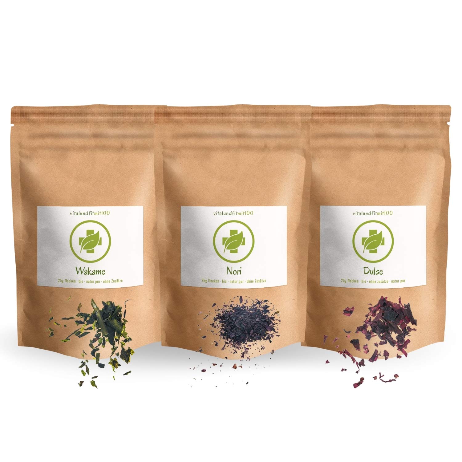 SET-ANGEBOT - Jod-Set (Probierpaket) - 3 x 25 g - Bio-Algen getrocknet (Dulse, Wakame, Nori) - Algen-Flocken - in Rohkostqualität - glutenfrei - OHNE Hilfs- u. Zusatzstoffe
