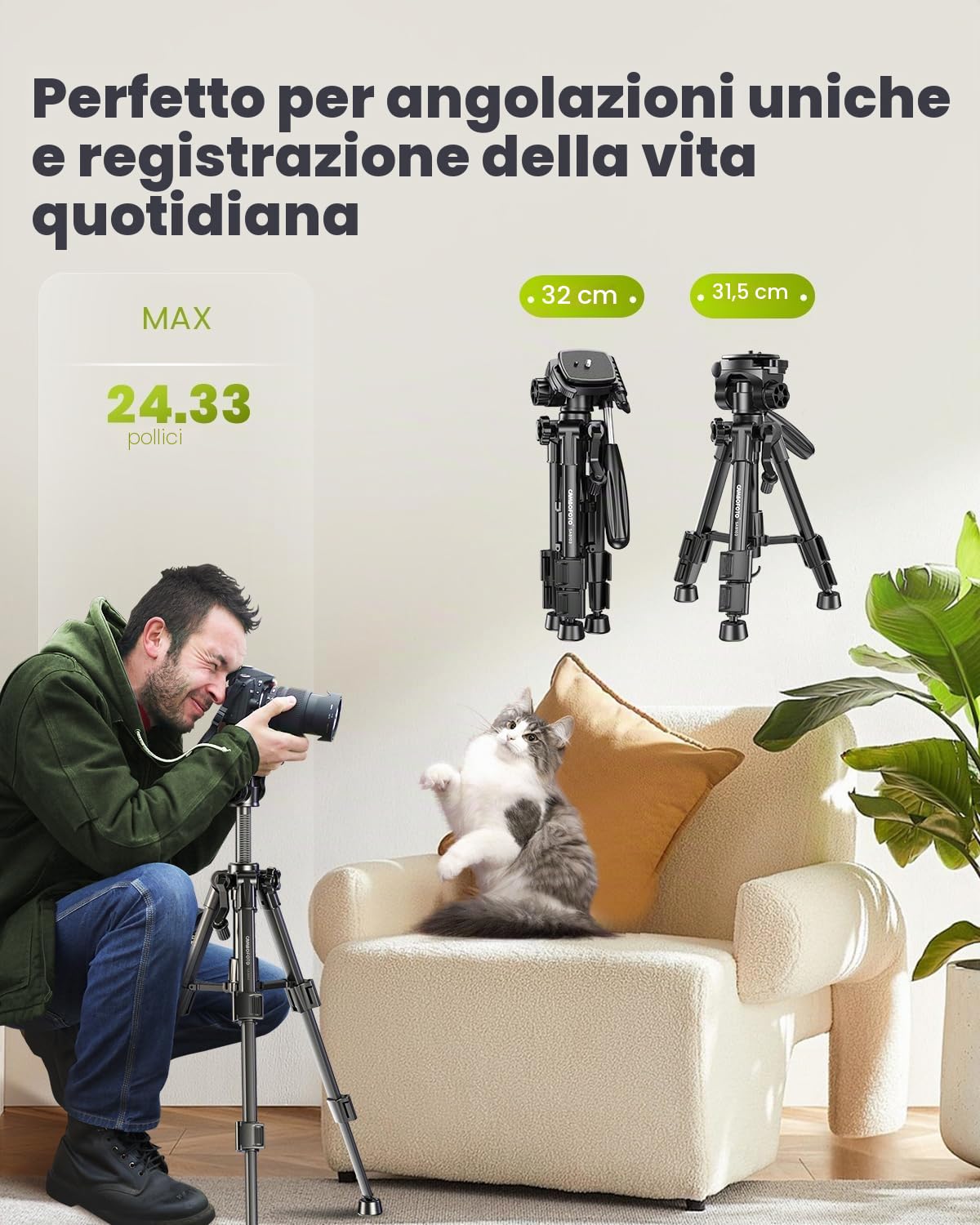 CAMBOFOTO Mini Treppiede da Viaggio 62cm Leggero, Treppiede Portatile per Smartphone/Fotocamera, Testa a Sfera 360°, 3 Sezioni Regolabili, Supporto fino a 2kg - Per Vlog, Viaggi