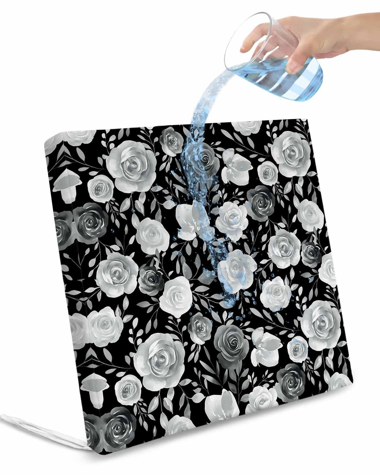 2 Pack Black Flowers Waterproof Cushion Covers with Ties, Outdoor Patio Chaise Lounge Chair Seat Cushion Slip Covers Replacement(Only Cover) Watercolor Vintage Floral Leaves Country 22