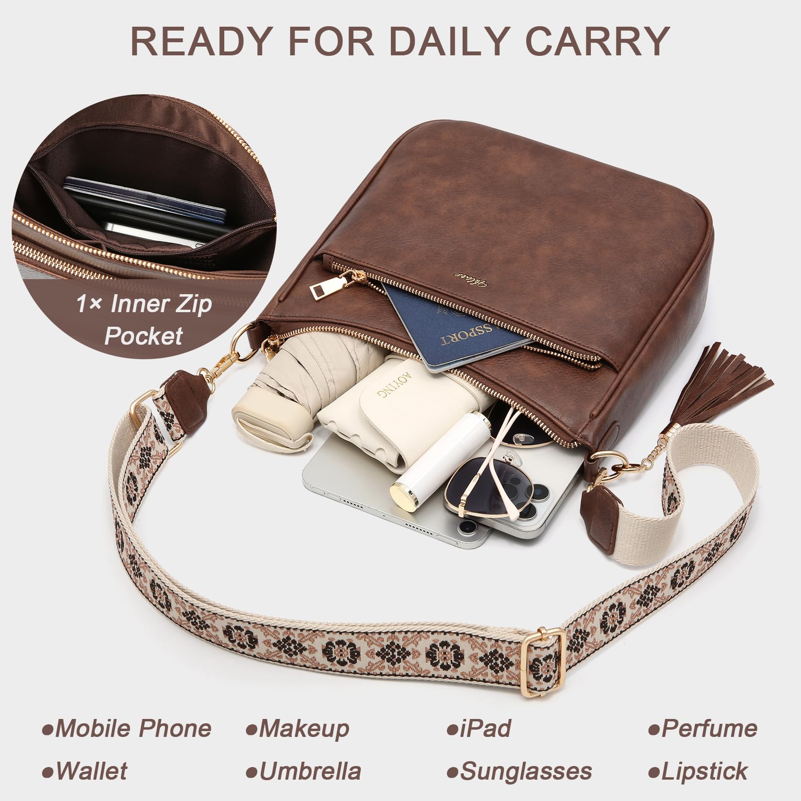 Borsa a tracolla da donna con blocco RFID, antifurto con 3 scomparti, tracolla larga regolabile e rimovibile