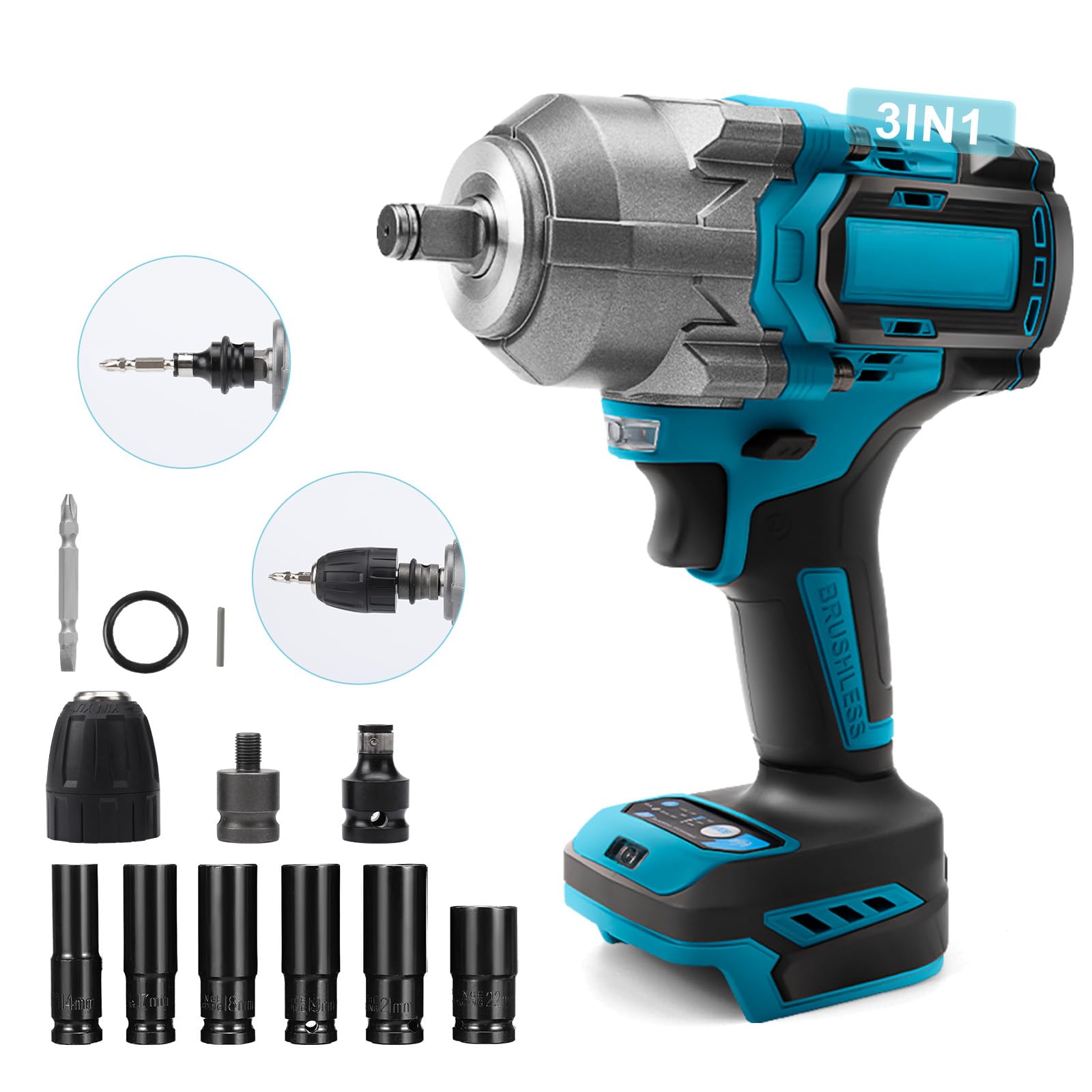 1200Nm Akku Schlagschrauber für Makita 18V Akku(Ohne Batterie), 1/2 Zoll Bürstenloser Drehschlagschrauber mit 6 Stecknüsse und LED-Licht, für Gerüstbau, Autoreifen und Automobilmontage