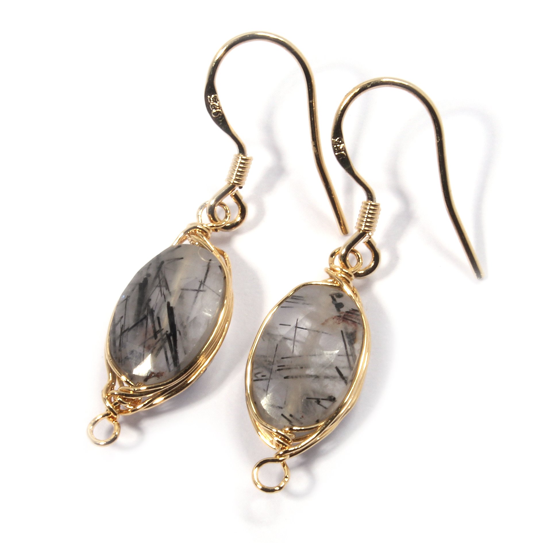 Genuine Natural Gemstone Wire Wrap Dangle Drop Earrings Gold Plated 925 Sterling Silver Hook/Black Rutile Quartz