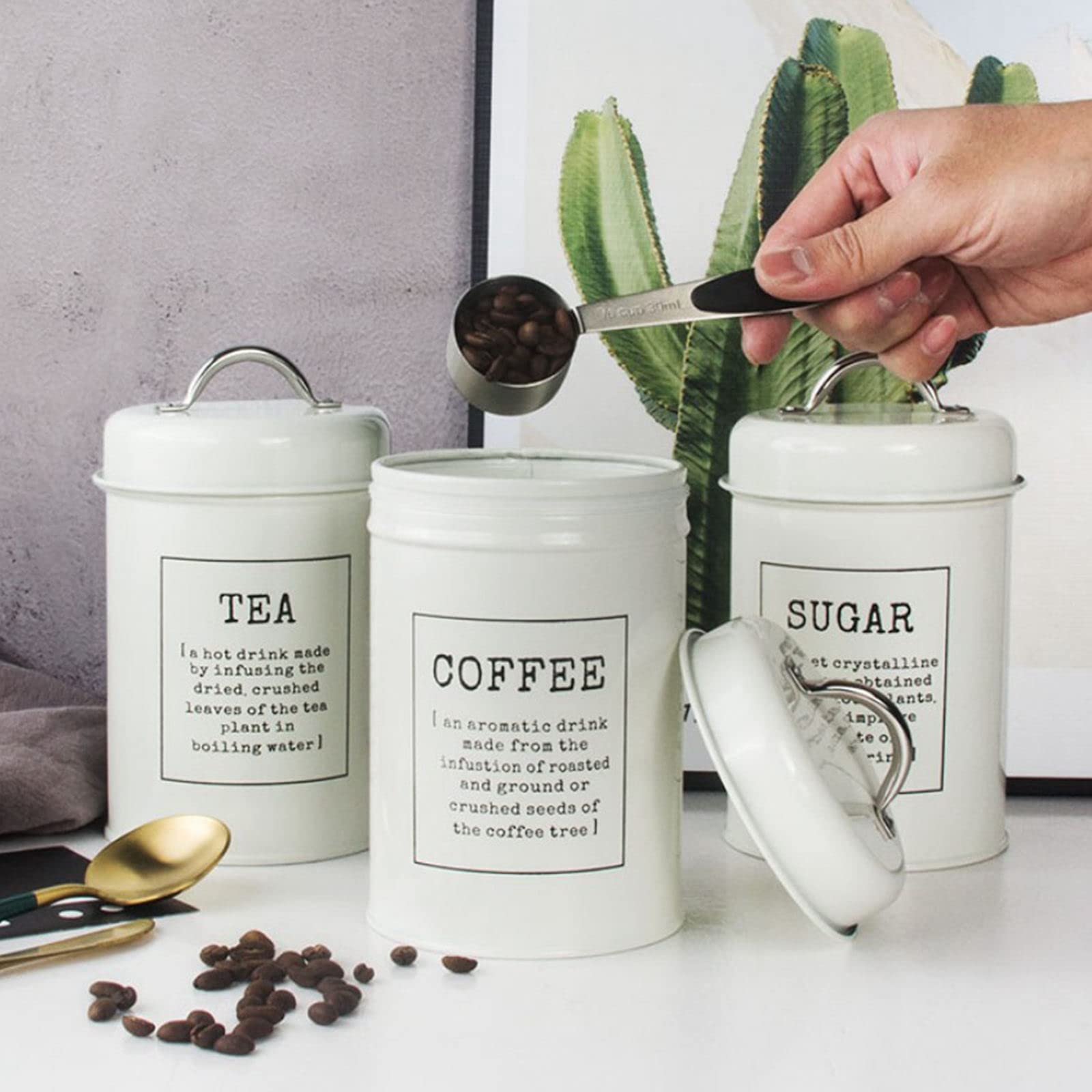 Thee Koffie Suiker Bussen Set van 3 - Ronde Opbergpotten met Luchtdicht Deksel, Rustieke Boerderij Snoepcontainers Blikken (Grijs, 18 X 10 X 10cm