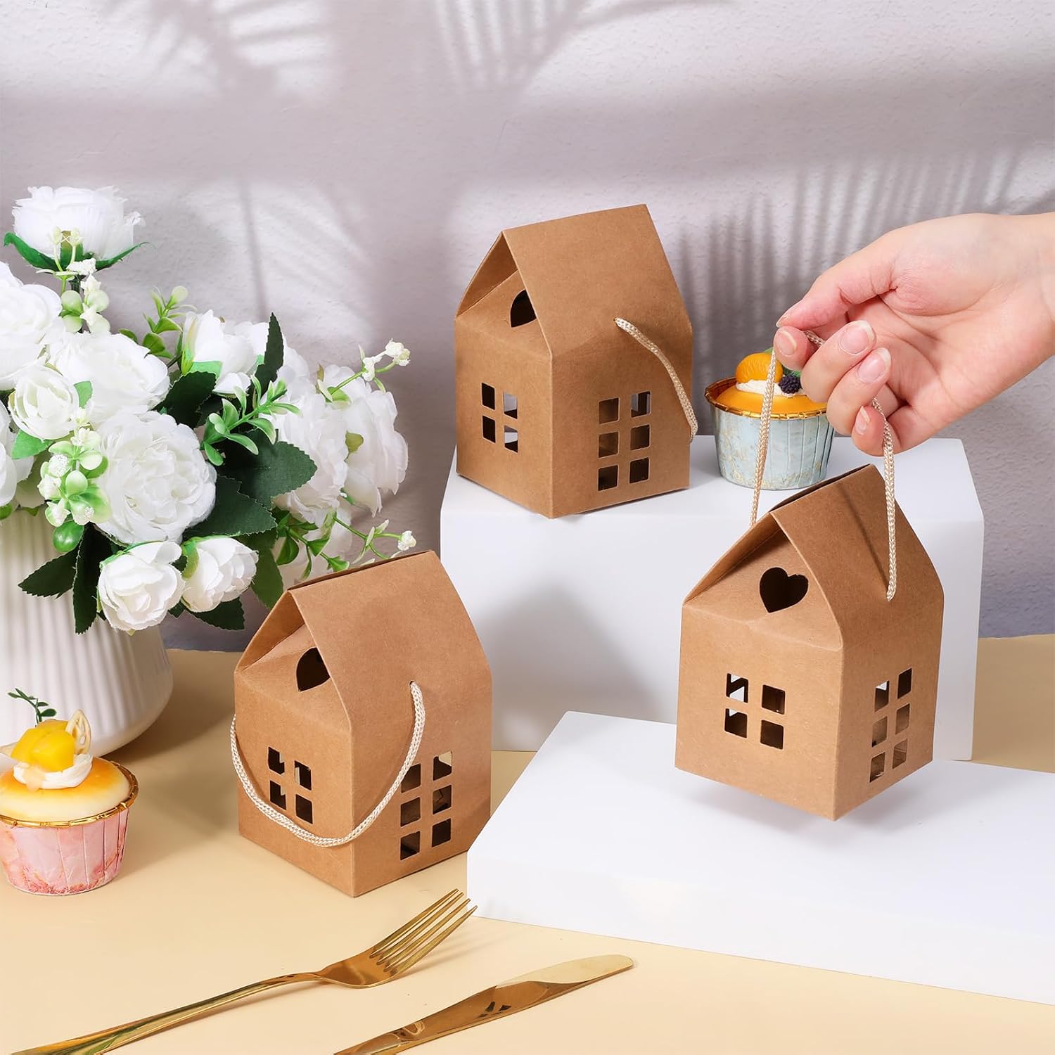 Dimeho 60pcs House Shaped Gift Boxes 5.1 × 3.1 × 3.1" Paper Candy Box Cardboard Treat Boxes Gift & Favor Box Cardboard Treat Bags for Wedding Christmas Baby Shower Birthday Party Treats Decoration image 3