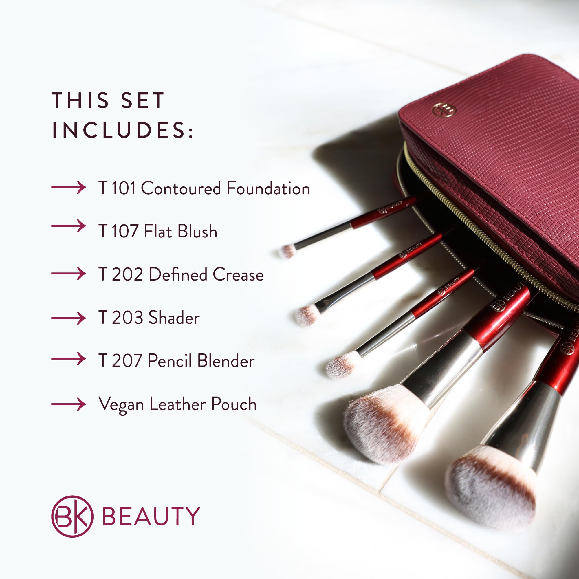 BK BEAUTY Juego de brochas de viaje con bolsa, 5 piezas, veganas, libres de crueldad animal, para cara y ojos, brochas de maquillaje ligeras y duraderas en bolsa de cuero vegano, juego de brochas de