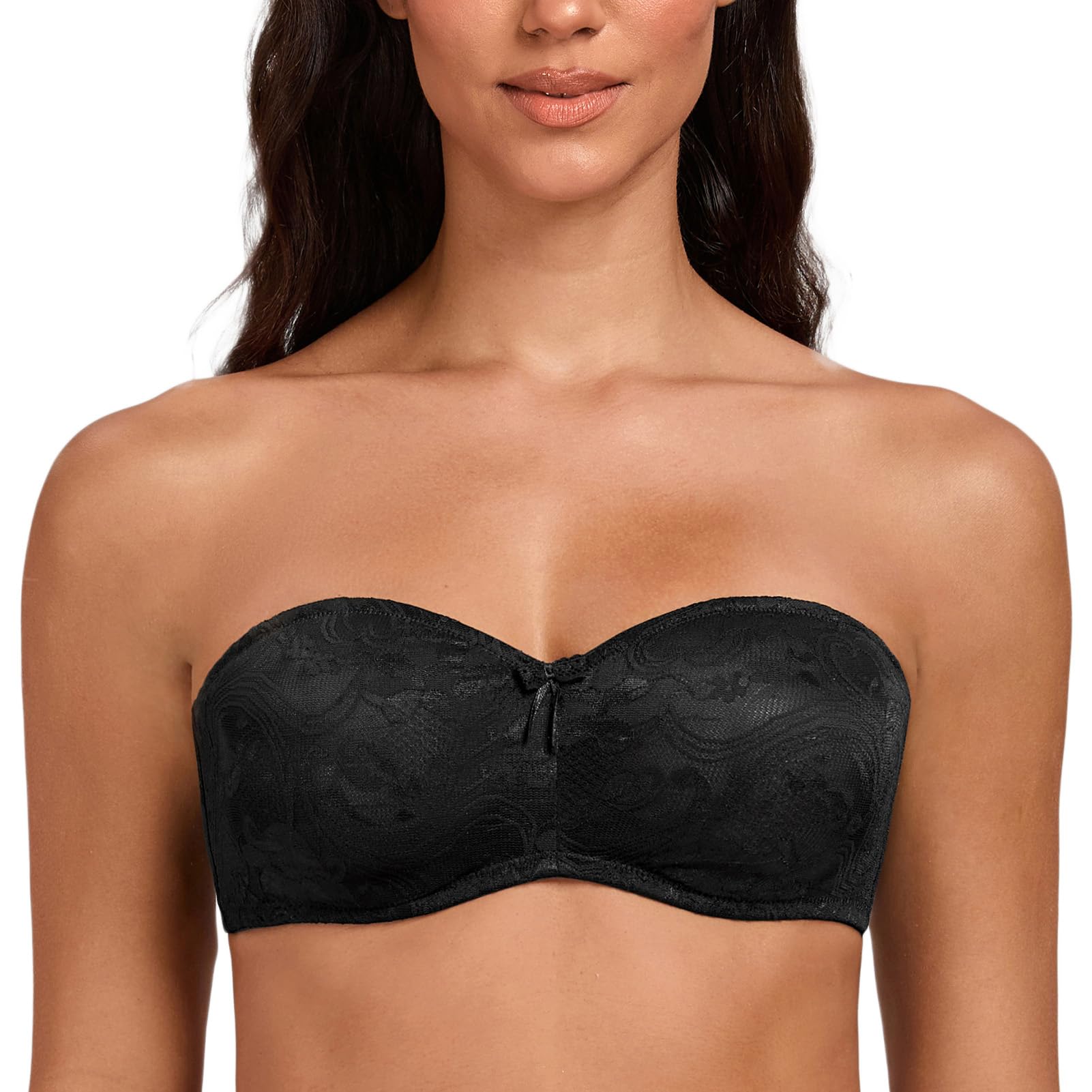 MELENECA Women's No Padding Sheer Lace See-Through Multiway Underwire Strapless Bras Black 32C