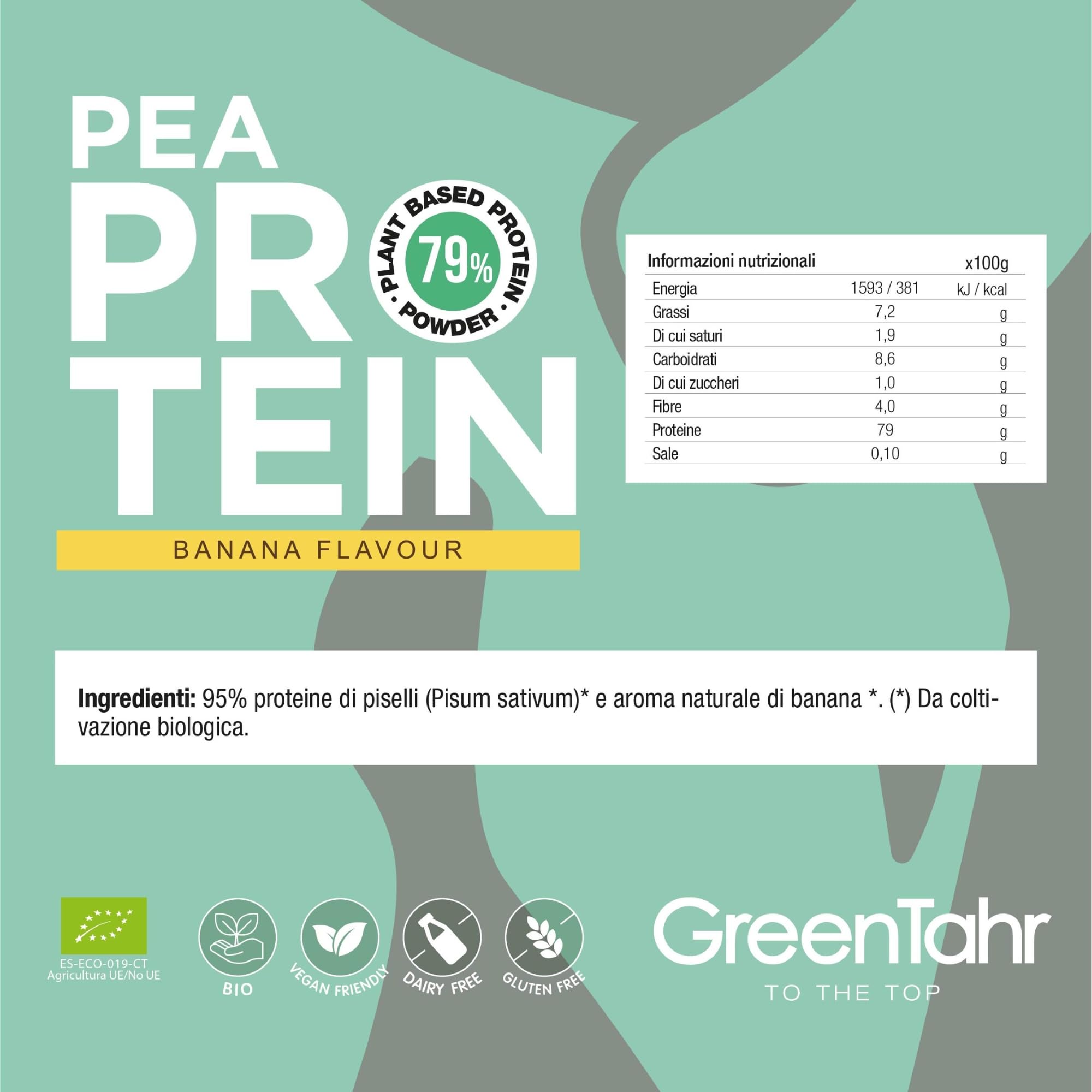 Green Tahr Proteine di Pisello in Polvere Vegane Bio Gusto Banana 750g. 79% Proteine Vegetali per Massa Muscolare Senza Zucchero, Edulcoranti, Lattosio né Glutine