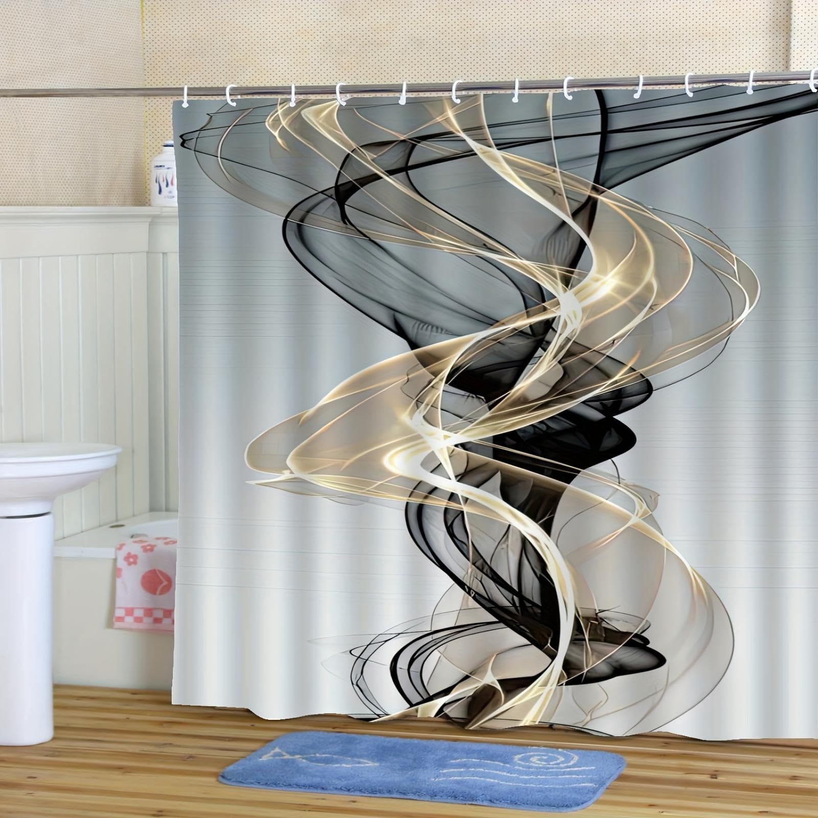 Rideau de douche anti moisissure lavable en machine motif abstrait moderne jaune noir gris