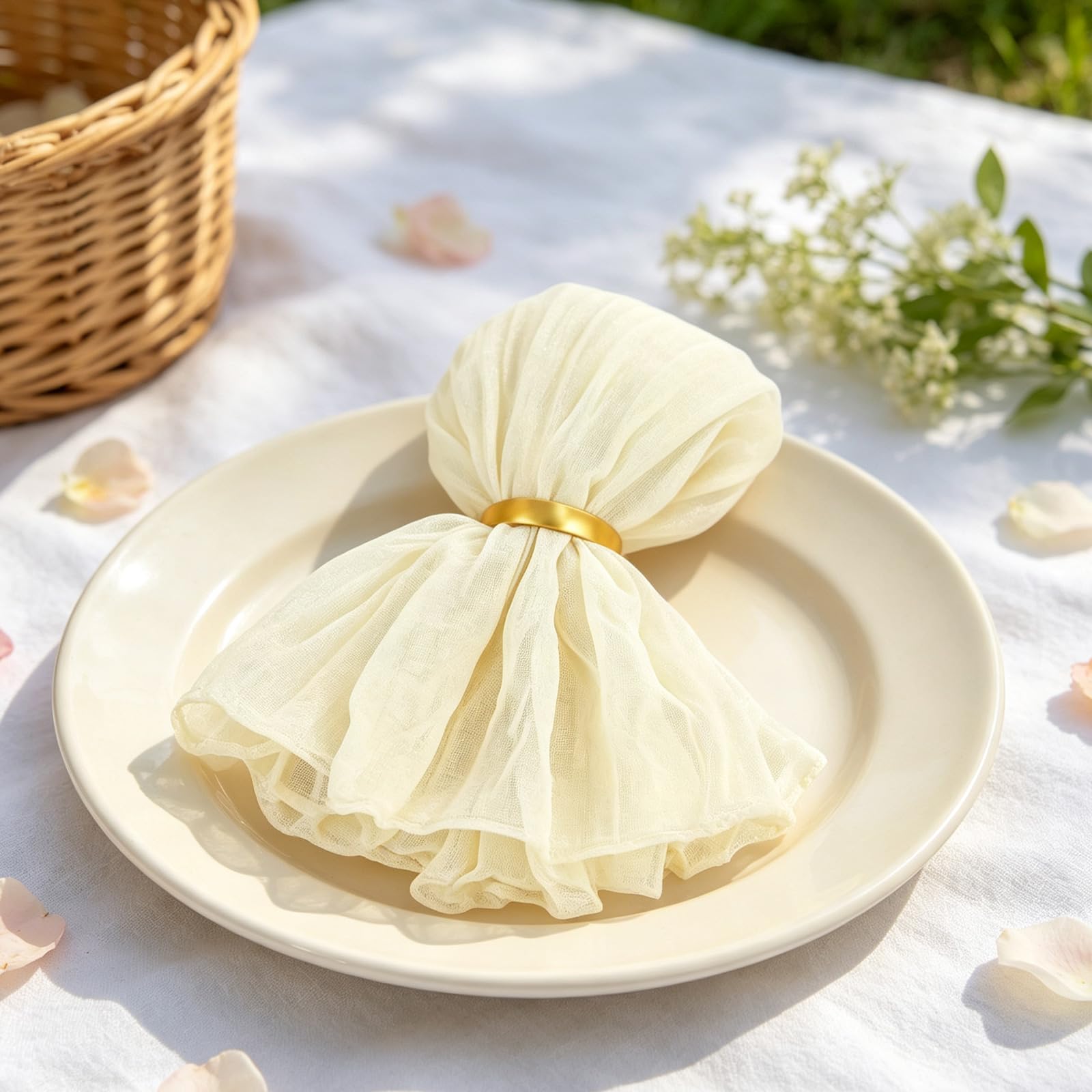 Serviettes de Table en Gaze avec Supports coordonnés, Linge de Table en Polyester réutilisable pour décoration de Table de fête, décoration de réception, Serviettes de Table en Gaze froissée,