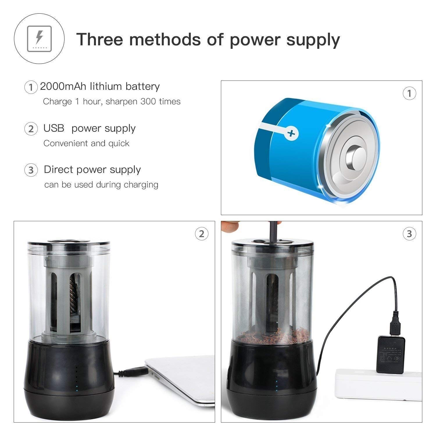 Temperamatite, temperamatite elettrico, lama elicoidale for impieghi gravosi for affilare velocemente, USB/batteria funzionante in aula scolastica/ufficio/cancelleria domestica