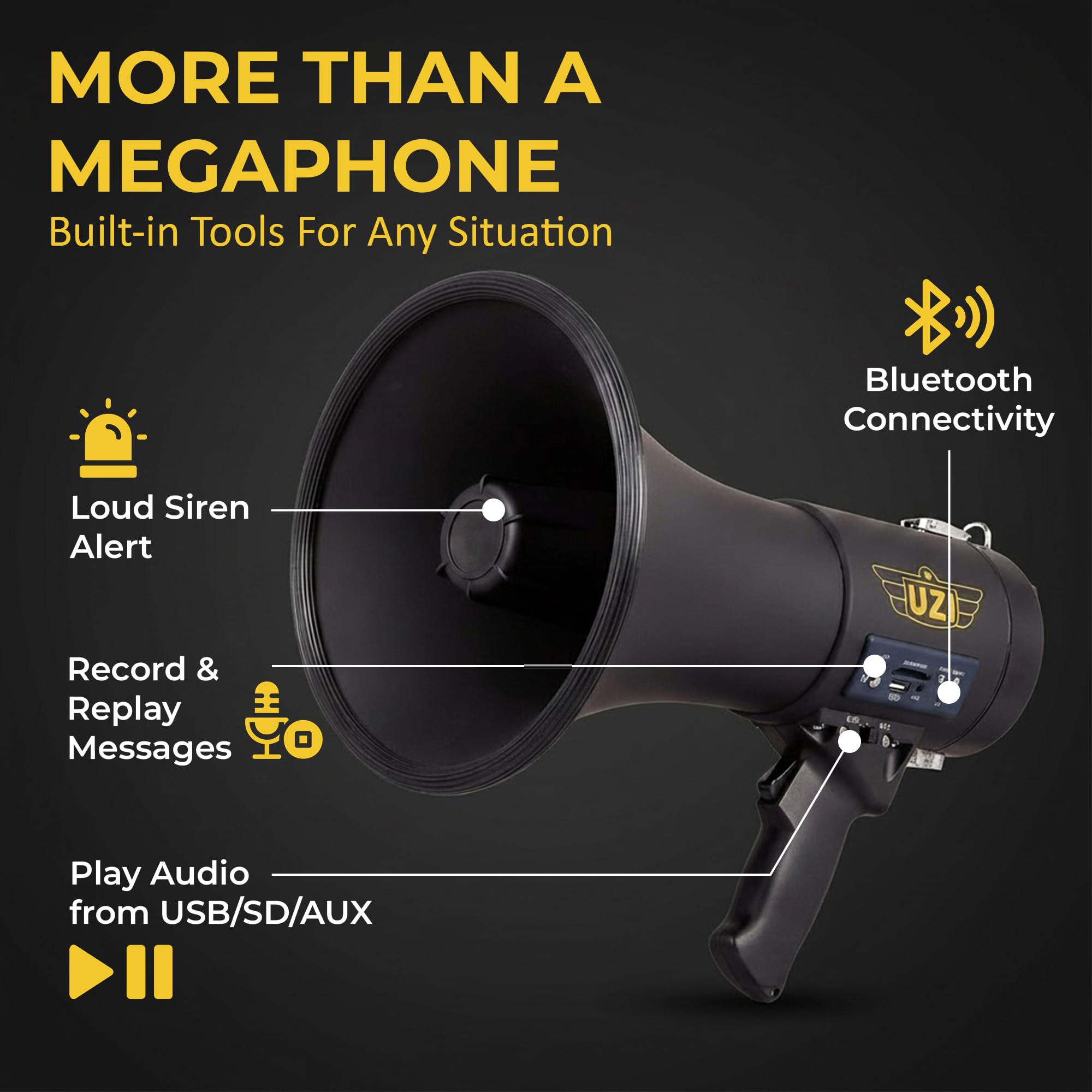 Uzi Mégaphone Bluetooth Haute Puissance 50 W, mégaphone Professionnel utilisé par Les Premiers intervenants, la Police et Les agences, Batterie Rechargeable, système de sonorisation, activités de