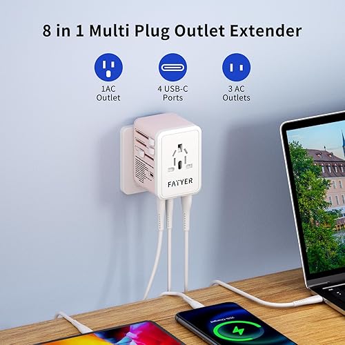 Miniatura 6 de Adaptador de viaje universal, adaptador de enchufe internacional GaN de 120 W con cable C a C de 100 W, 4 PD USB-C+1 adaptador de corriente de viaje