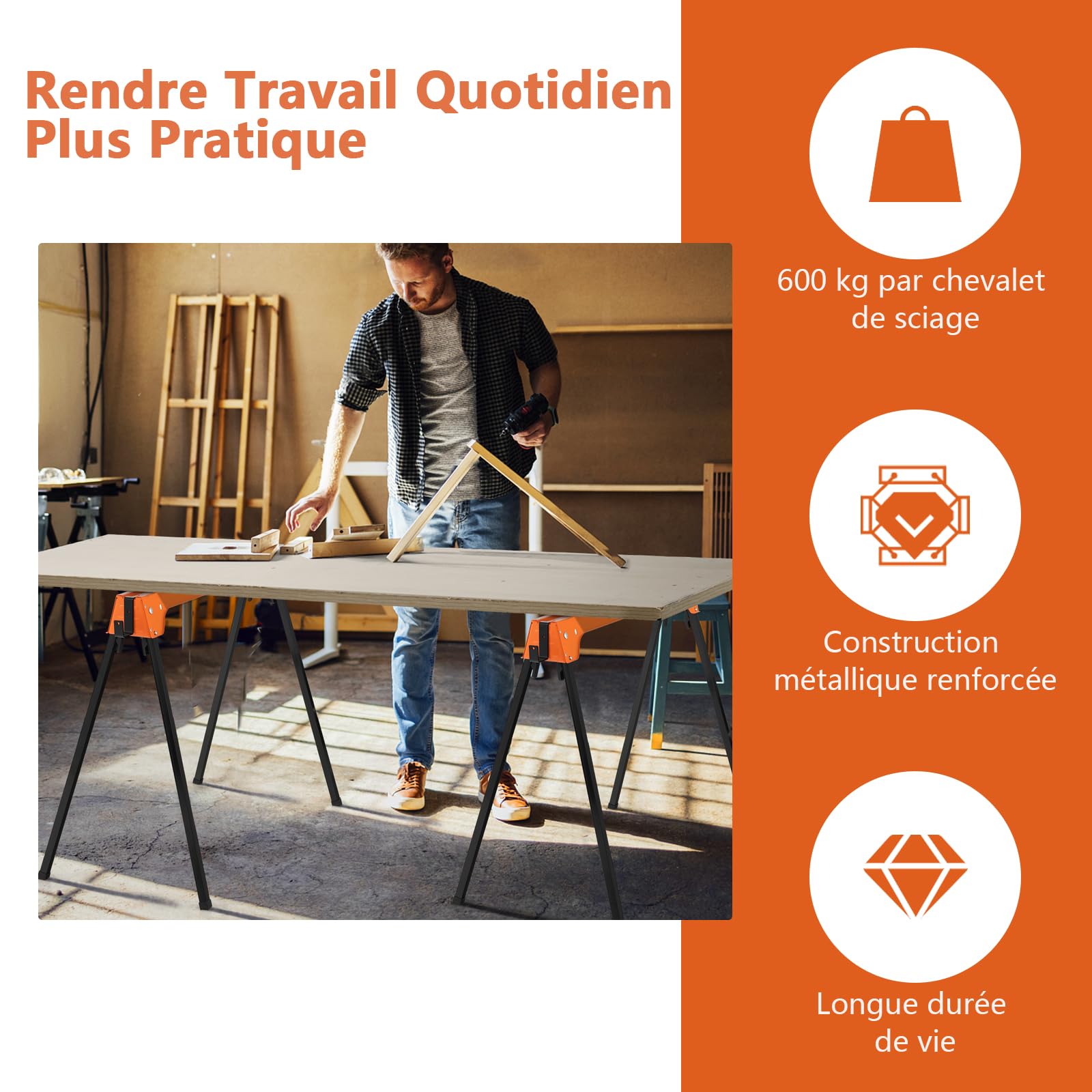 GYMAX Lot de 2 Tréteaux Pliables Métalliques, Chevalet de Sciage Professionnel avec Bras de Soutien de Bois, Poignée de Transport, Patin Antidérapant, pour Bricolage Atelier, Charge Max.600KG(Orange)
