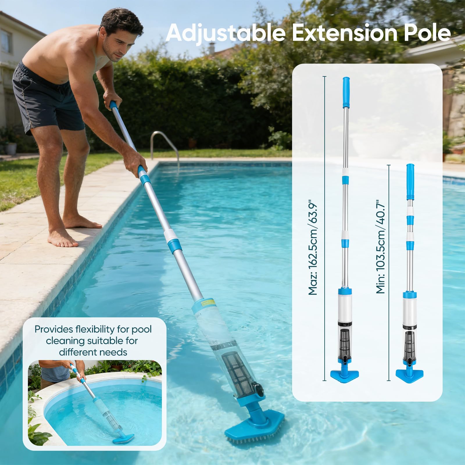 Aspirateur Piscine, 3 en 1 Aspirateur Spa Rechargeable avec Aspiration Puissante, Manche Télescopique de 103.5 à 162.5 cm, Capteur Automatique, 3 Têtes de Brosse pour Spas, Jacuzzis et Piscines