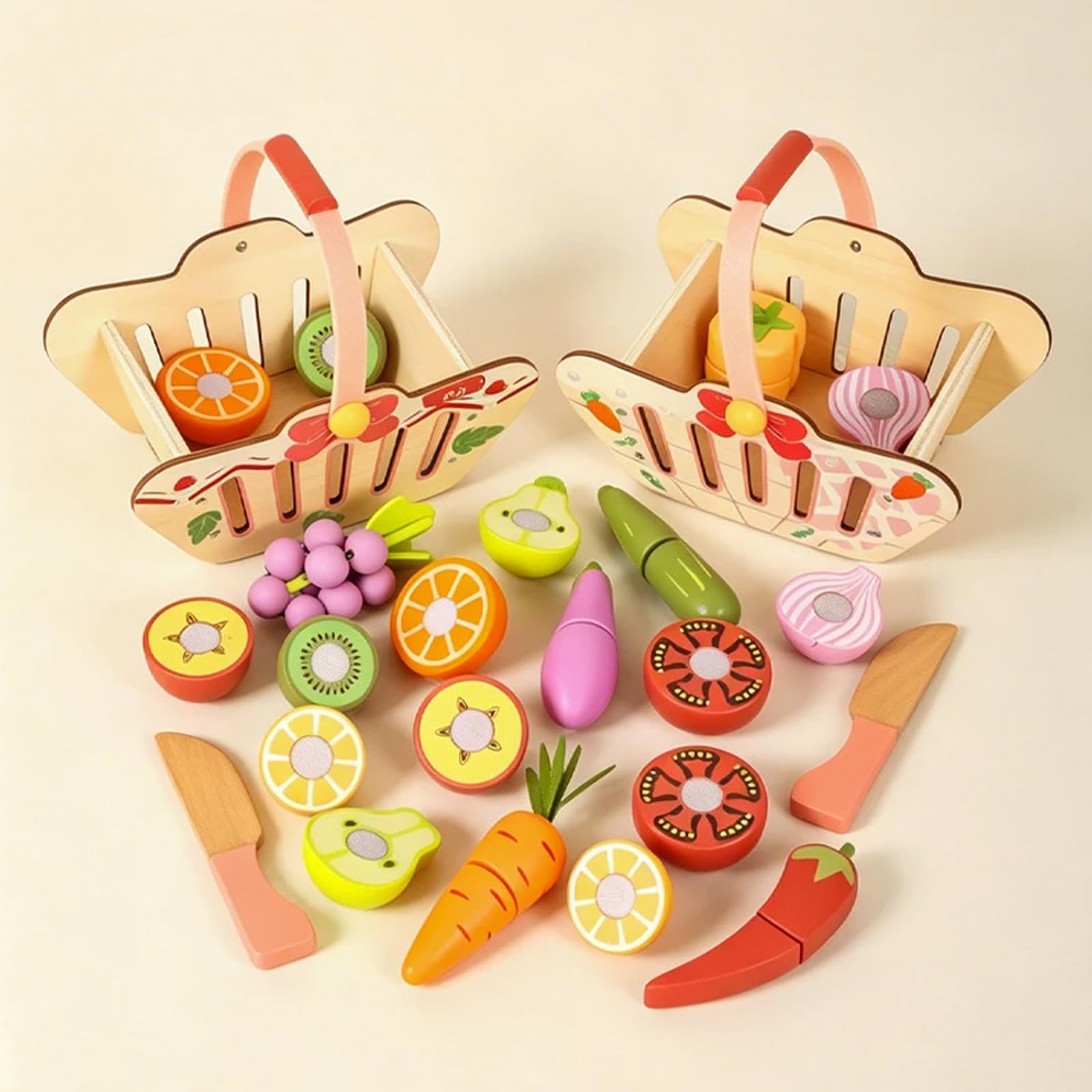 Set di frutta e verdura in legno con chiusura a gancio e anello per tagliare, giocattolo da cucina di simulazione per apprendimento creativo e sviluppo delle abilità (verdure)