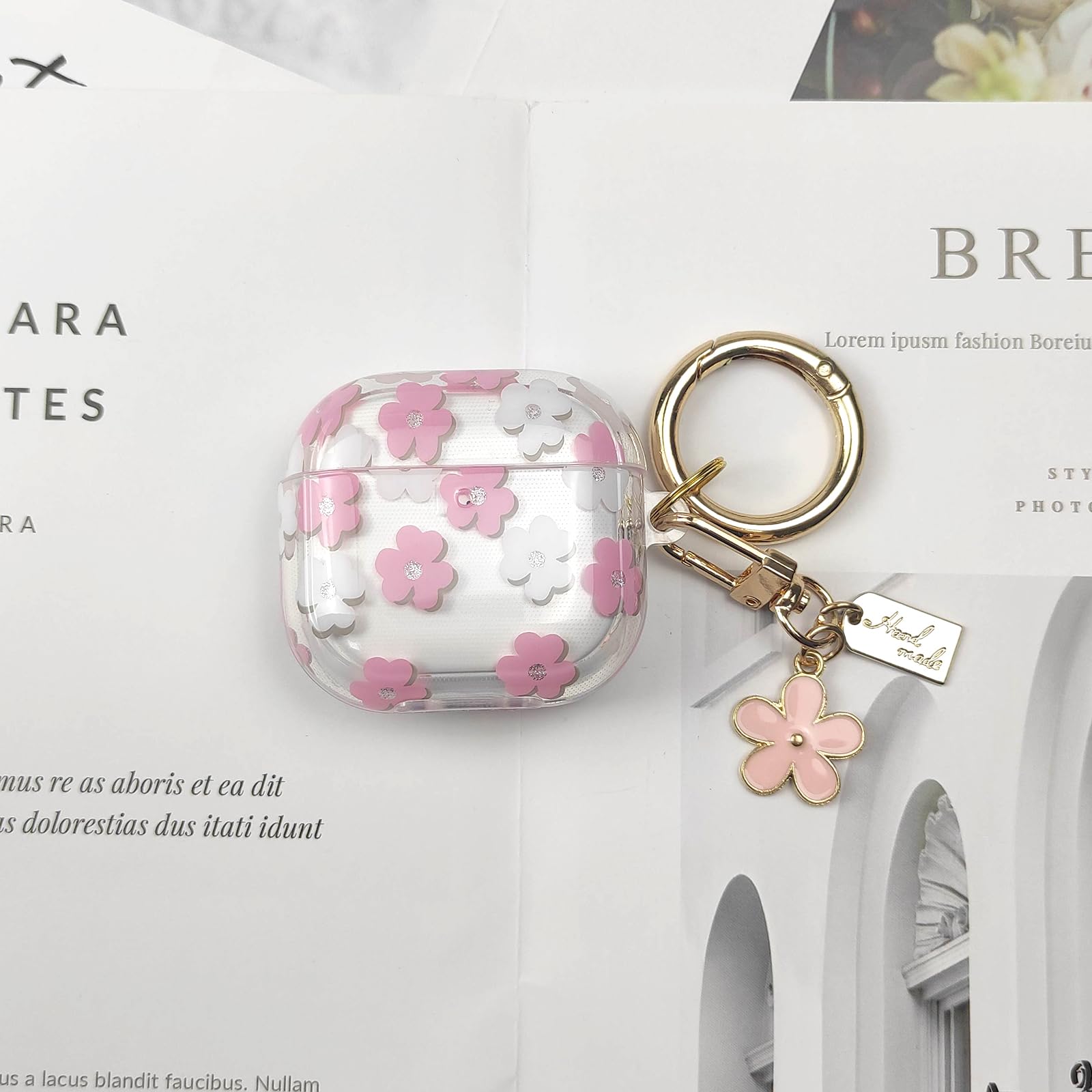 Coque AirPods 4 2024 TPU Souple Motif Floral avec Porte-clés et Kit de Nettoyage Rose