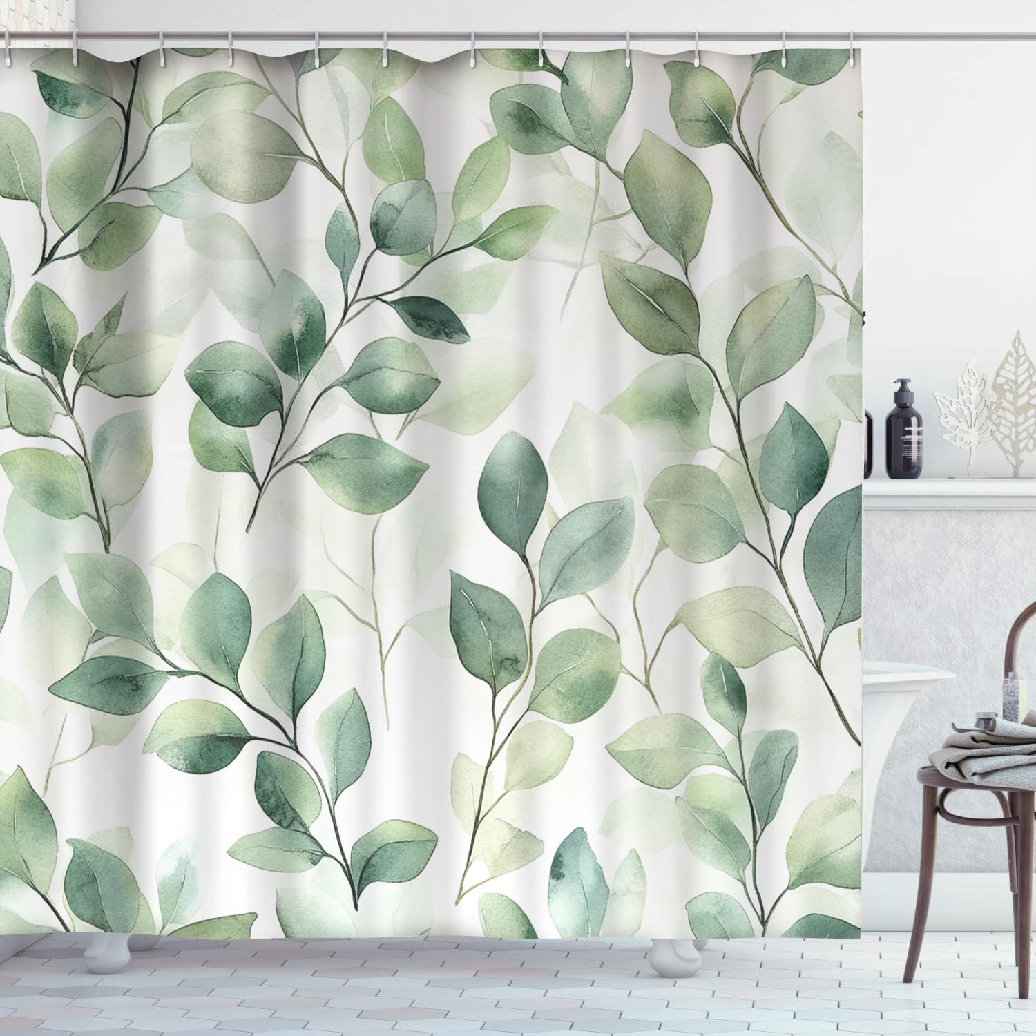 365CUSGIFTS Watercolor Light Green Eucalyptus Shower Curtain, Cream Tan Beige Blue Grey White Watercolor Flower Fabric Shower Curtains Set for