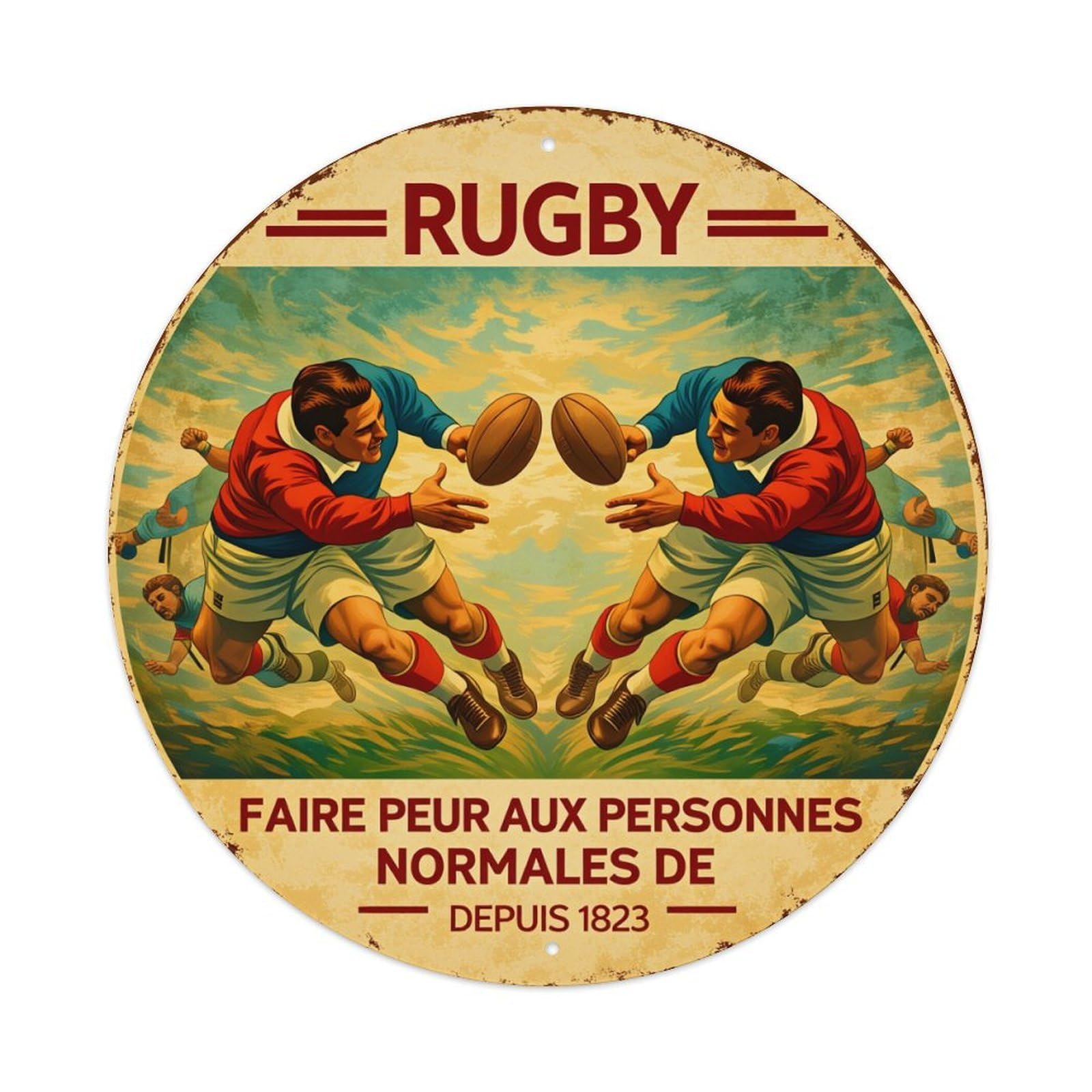 Rugby Players In Action Vintage Style Round Tin Sign Retro Metal Sign for Cafe Bar Pub Home Game Room Gym Club Wall Decoration Vintage Metal Poster 8x8 Inch