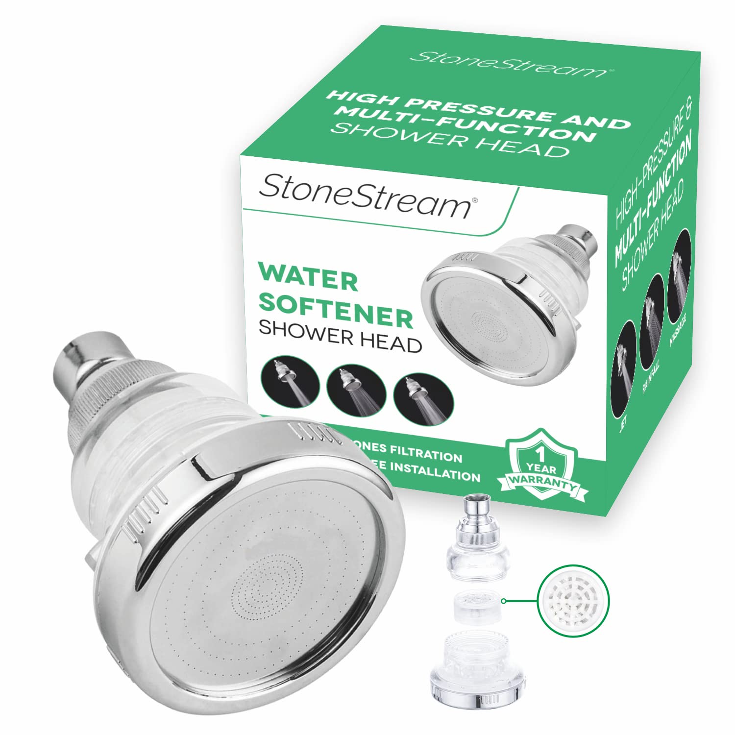 Original StoneStream Filtered Wall Showerhead for Hard Water with Soft Water Filter, High Pressure Multi-Functional Water Saving Showerhead with 3