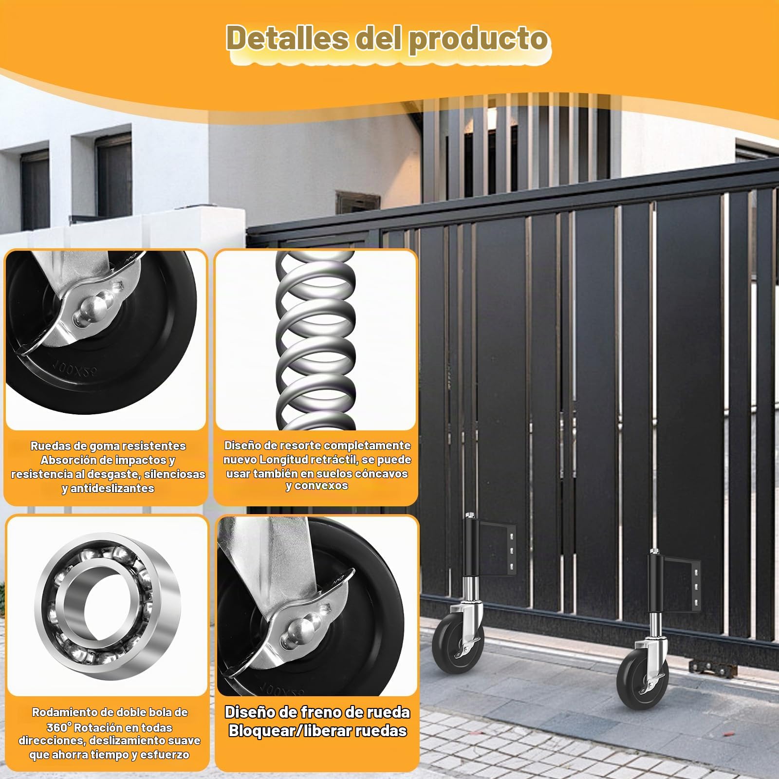2 Piezas Rueda Puerta 10.2 cm con Freno & Resorte, Ruedas Giratoria Goma Pesadas 360° Capacidad de Carga 100 kg, Rueda Puertas Alta Absorción Impactos Muelle Negro para Portón Madera y Valla Jardín