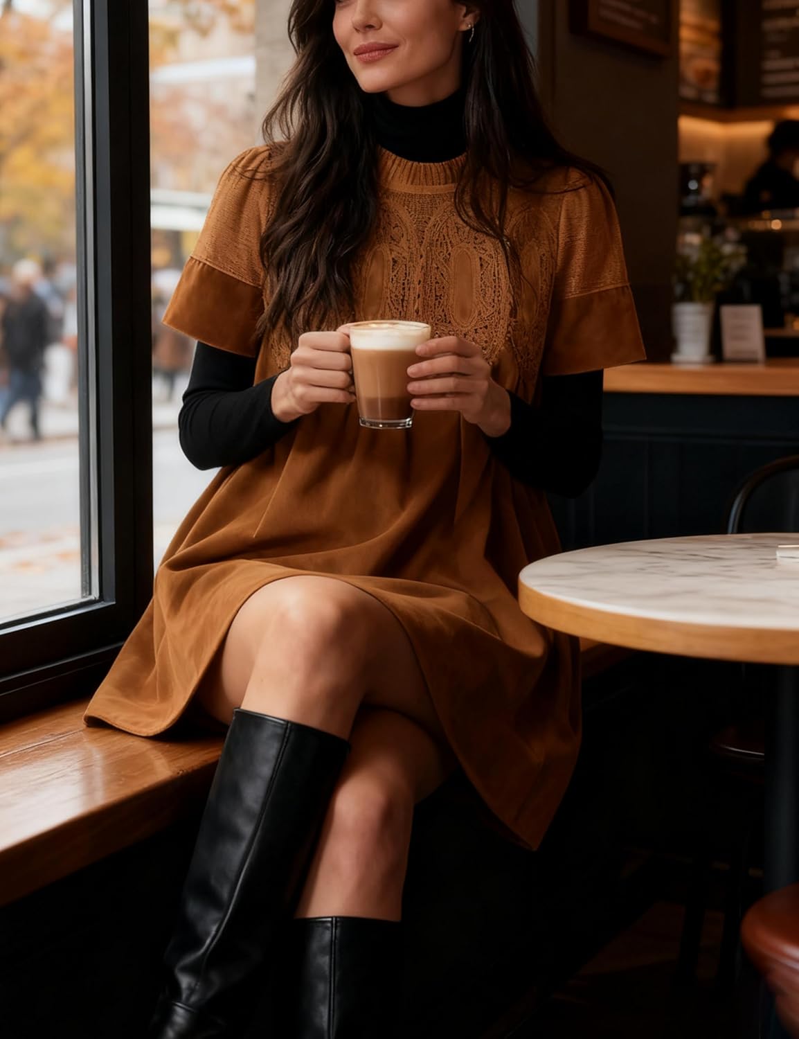 Athlisan Womens Faux Suede Mini Dress Lace Patchwork Short Sleeve A Line Babydoll Dress with Pockets(Brown-L) - Image 7