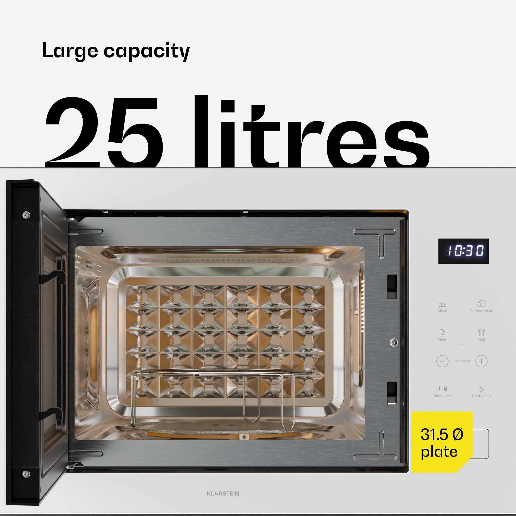 Klarstein Velaire do zabudowy mikrofalowej, 25 litrów z grillem - 850 W, grill 1200 W, 8 programów, sterowanie dotykowe, stal nierdzewna, taca 31,5 cm - do zabudowy w kuchence mikrofalowej, biała