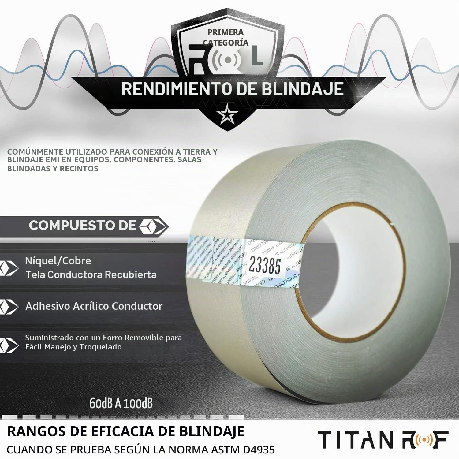 Mission Darkness TitanRF Faraday Tape - High-Shielding Conductive Adhesive Tape // Used to Connect TitanRF Fabric Sheets or Seal RF Enclosures // 2.5in W x 10ft L (6.35cm x 3.05m)