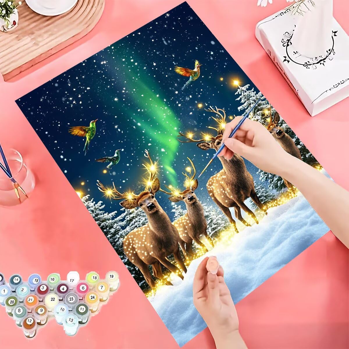 Zestaw do malowania po numerach, dla dorosłych, zorza polarna, dla dorosłych z ramą, 81 x 100 cm, jeleń, zestaw obrazów olejnych z farbami akrylowymi i 3 pędzlami do dekoracji ścian, pokoju, prezenty