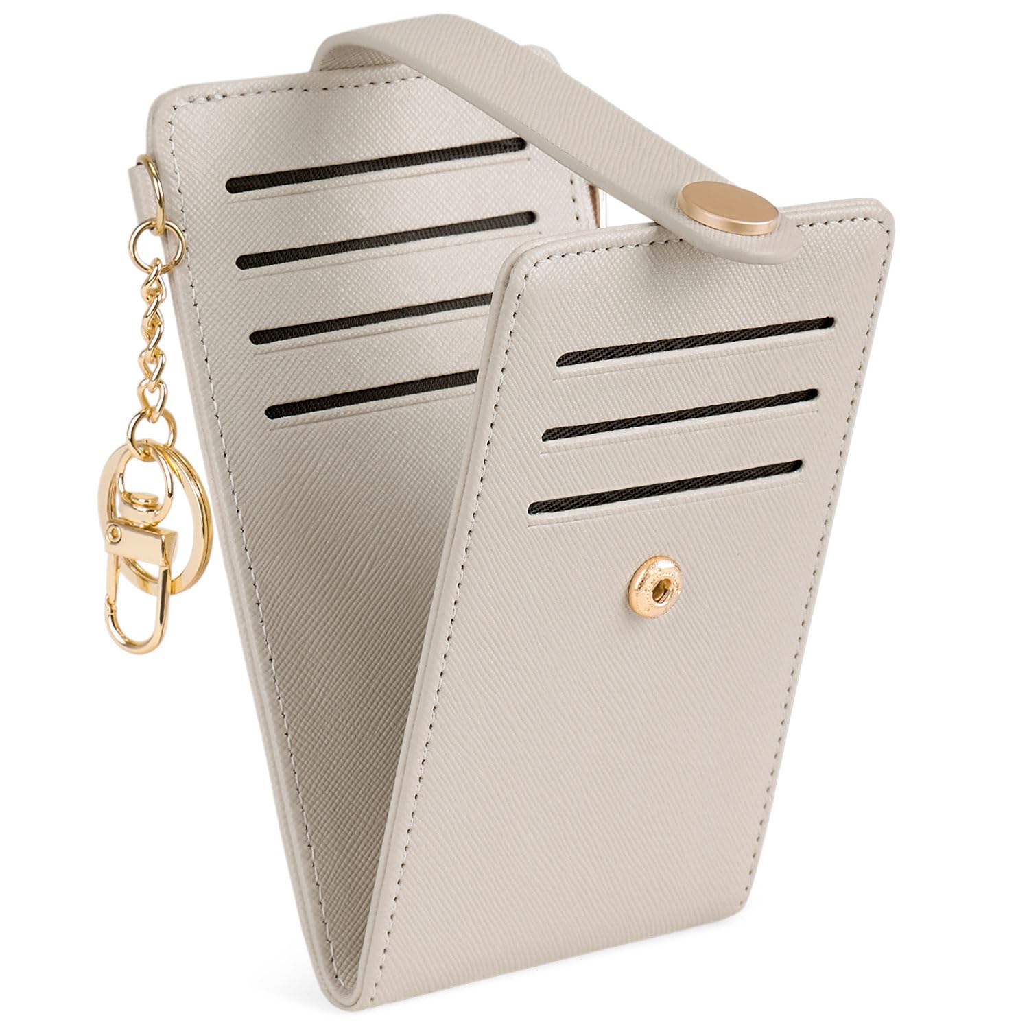 POIUGOYA Slim Wallet for Women,RFID Blocking Bifold Credit Card Holder with Zipper Coin Pocket,ID Window,Keychain, 1-Cross grain-Beige, Minimalist