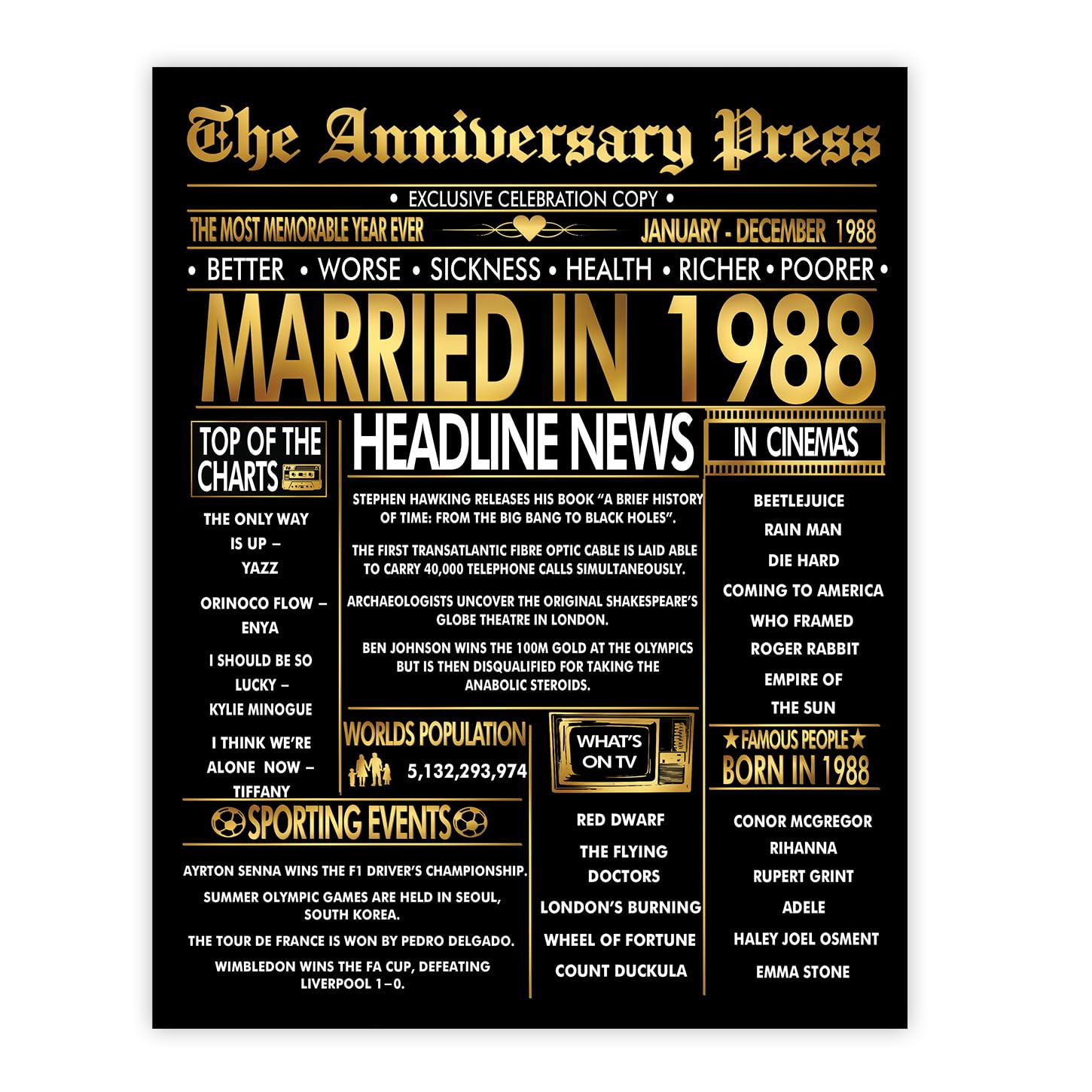 Stuff4 Men's 1988 Gold 38Th Anniversary Poster Unframed - Golden Married In Newspaper - 38 Wedding Anniversary For Wo Vintage Gifts Back In 8X10 Inch Anniversaries Posters