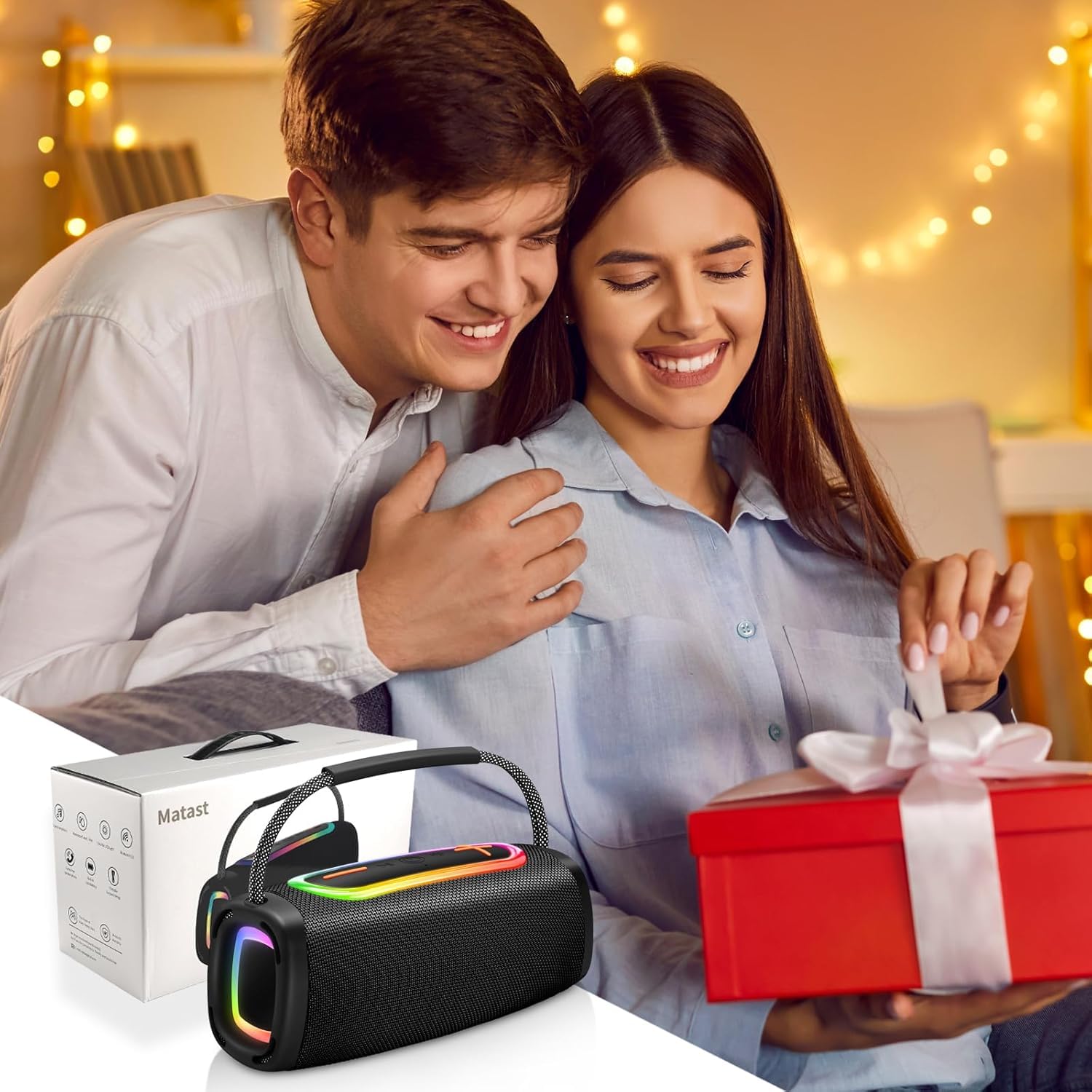 Altavoz Bluetooth con iluminación ajustable, caja de música Bluetooth 5.3, batería de 4000 mAh de alta capacidad, hasta 20 horas de autonomía, IPX7 resistente al agua, para exteriores/playa, carga