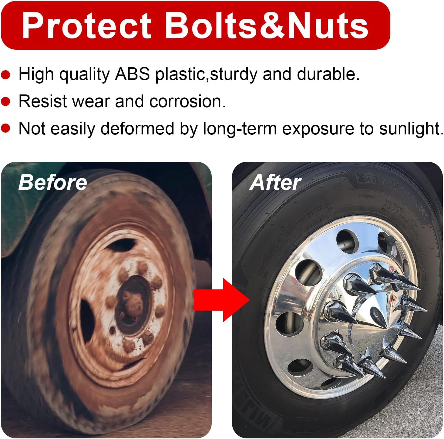 33mm x 4 3/4" Chromed Spike Lug Nuts Covers Thread-On,ABS Chrome Plastic Caps Pointed Screw On Lug Nut Cover for Semi Trucks, Pack of 40 PCS