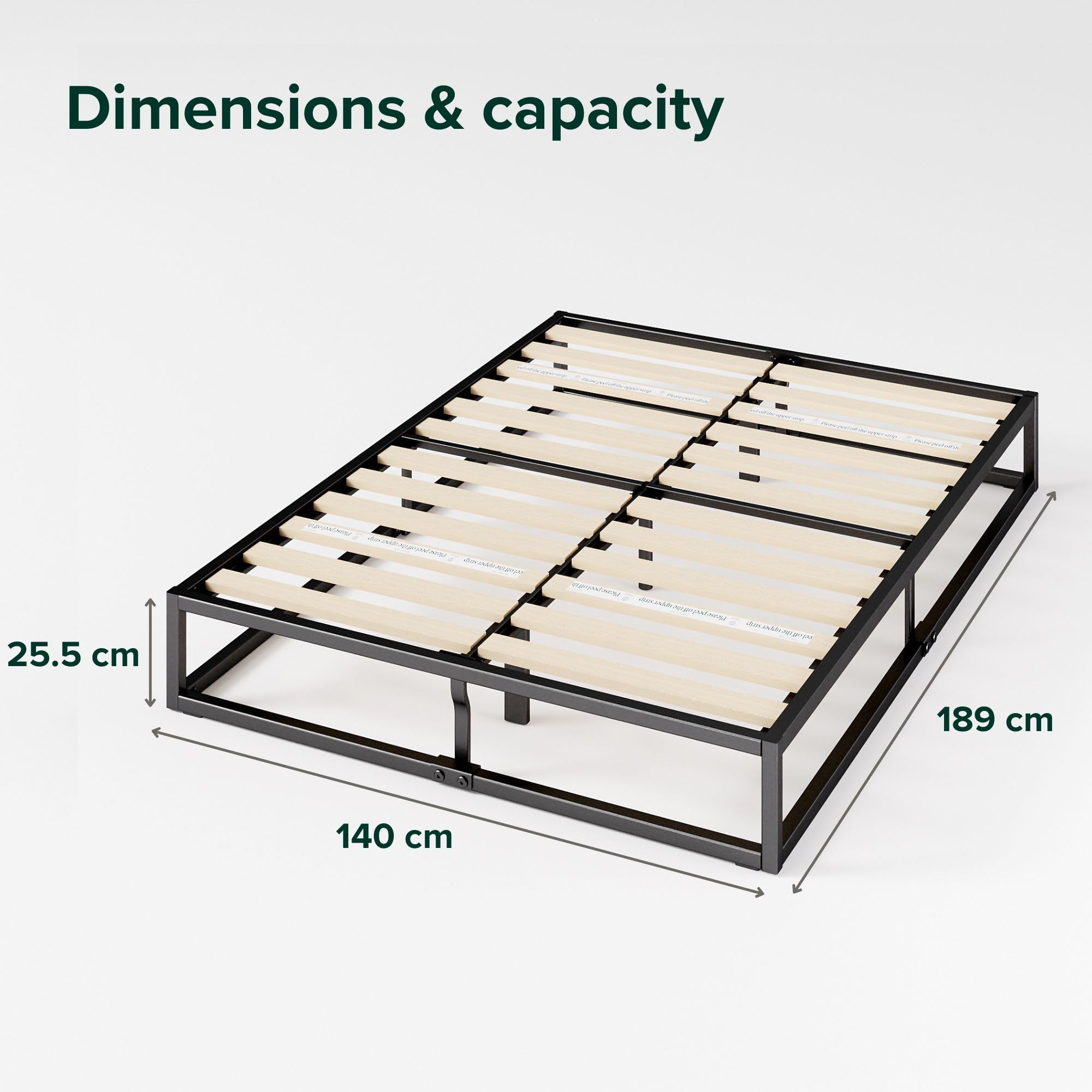 Zinus Joseph Sommier 140x190 cm avec Lattes en Bois - Cadre de Lit 2 Personnes en Métal - Hauteur 25 cm pour Rangement - Assemblage Facile - Noir