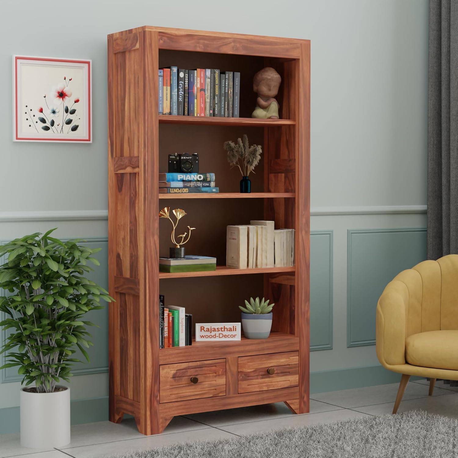 Rajasthali Furniture Sheesham Wood Bookcases with 2 Drawer 4 Open Shelves - Wooden Book Shelf Wooden Display Rack for Living Room - Solid Wood Book Shelf for Home Office & Library (Design 7)-image-24