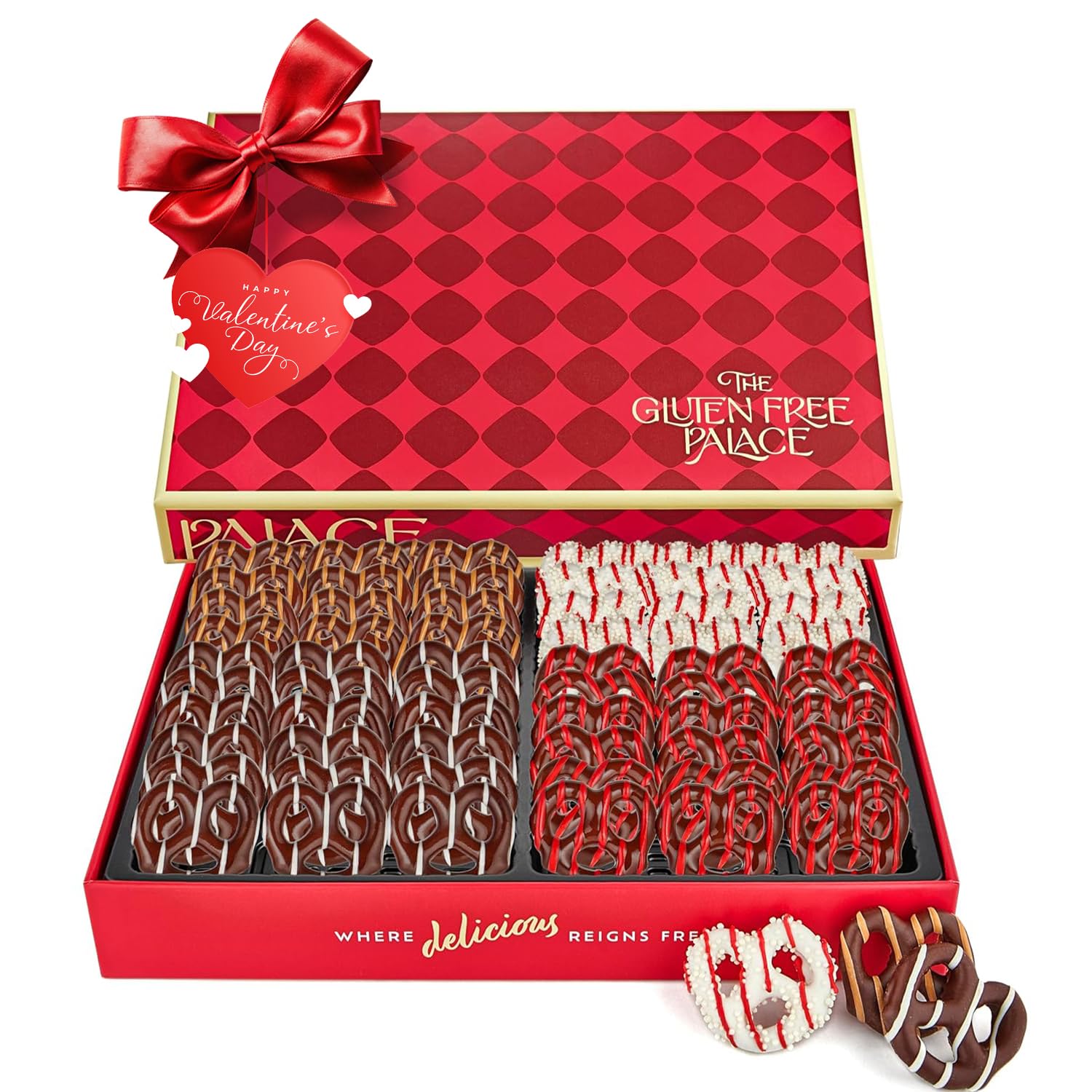 Gluten Free Palace Valentine’s Day Gift Box – Gourmet Chocolate Covered Pretzels – Gluten Free Chocolate Treats and Snack Basket for Him & Her – Valentines Day Gift Idea (4 Flavors)