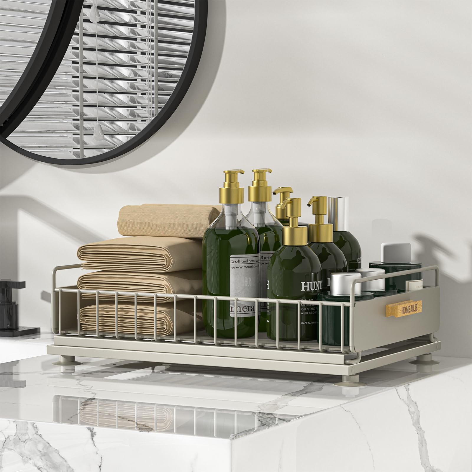 Organizador negro de 2 piezas para debajo del fregadero, reducción de ruido, extraíble de doble pista, metal, para cocina, baño, multiescenario, gris