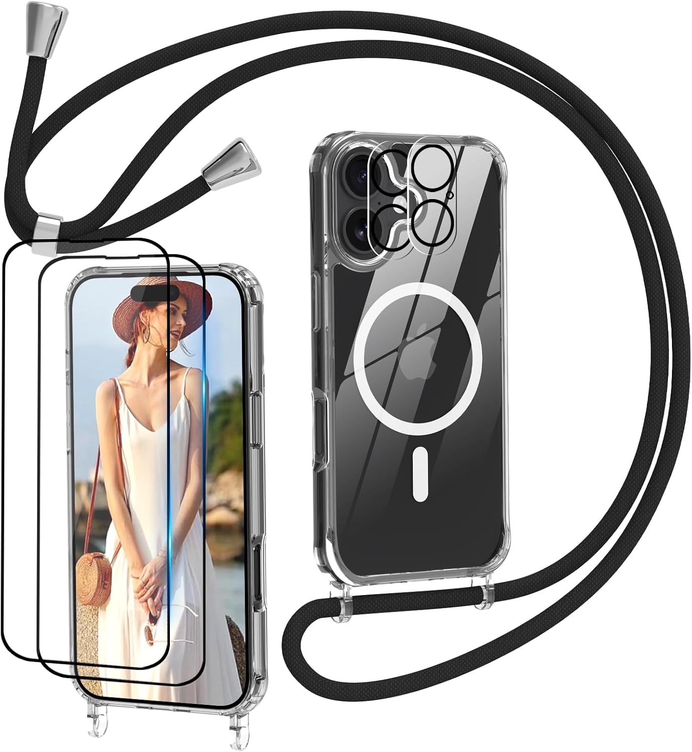 Coque iPhone 17 – Coque magnétique avec cordon pour iPhone 17 avec Magsafe, 2 verres trempés et 2 protecteurs d&rsquo;appareil photo, coque de téléphone transparente réglable avec lanière, coque de protection complète