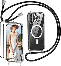 Nupcknn iPhone 17 MagSafe Case with Strap, 2 Screen Protectors, 2 Camera Lens Protectors, Transparent Magnetic Pendant, Removable and Adjustable Strap, Shockproof Protection.