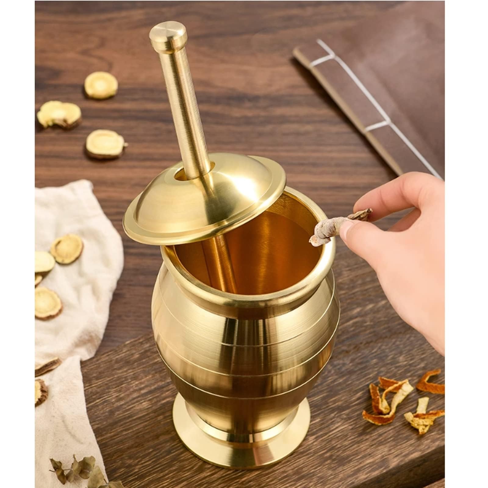 Mortaio e Pestello in Ottone Massiccio, Set Tradizionale e Resistente per Spezie, Erbe, Aglio e Guacamole, Elegante Arredamento da Cucina Fatto a Mano(XX-Large)