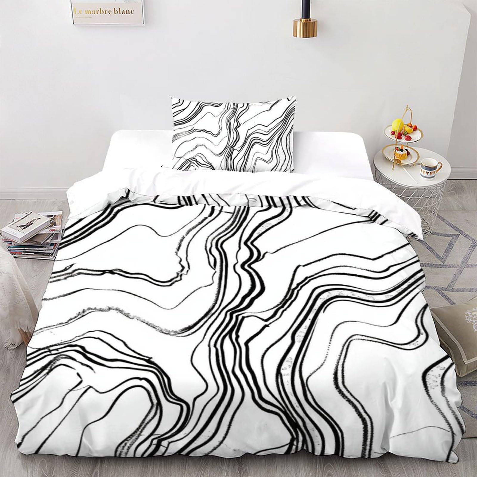 Housse de couette single rayures noir et blanc en microfibre pour lit une place