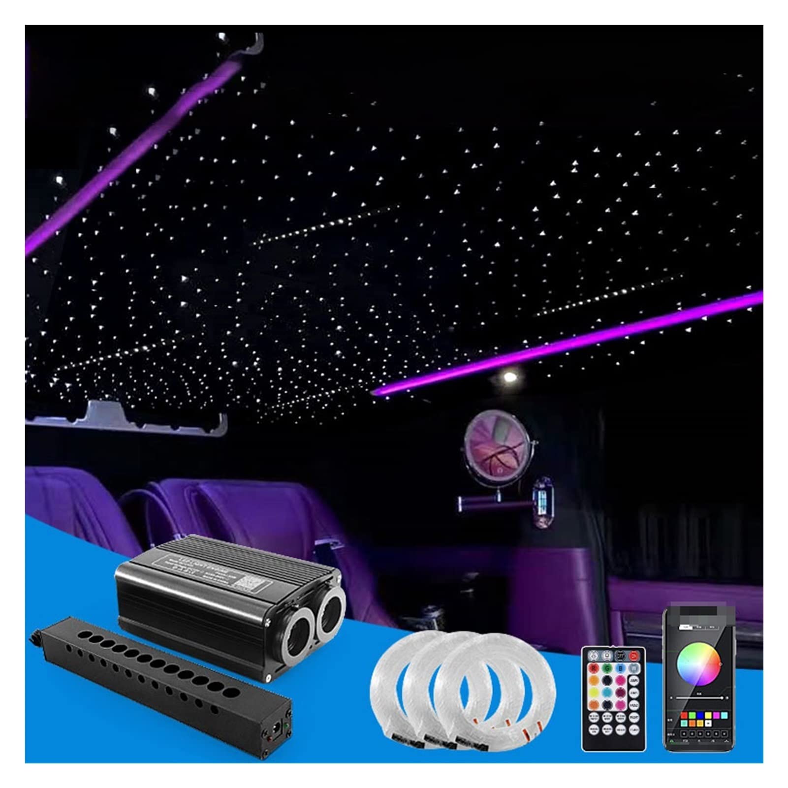 32W Meteor LED Car Starry Sky Light Dachu Gwiazdy Night Lights Auto Wewnątrz Sufit Lampy światłowodowe Lekkie Akcesoria samochodowe Wysoka Wydajność(300 0.75 4m 2pcs)
